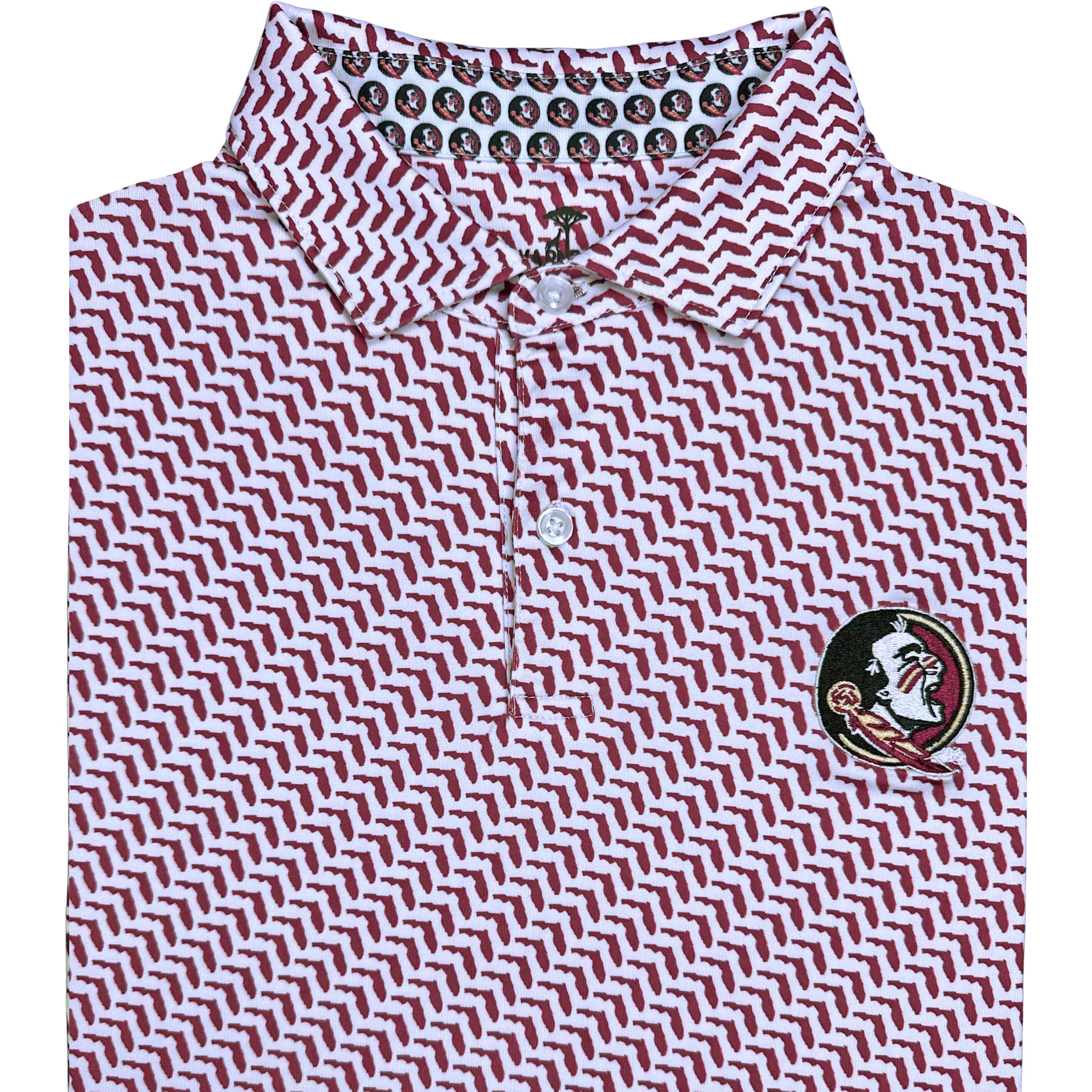 Red and white patterned polo shirt with a logo on a white background