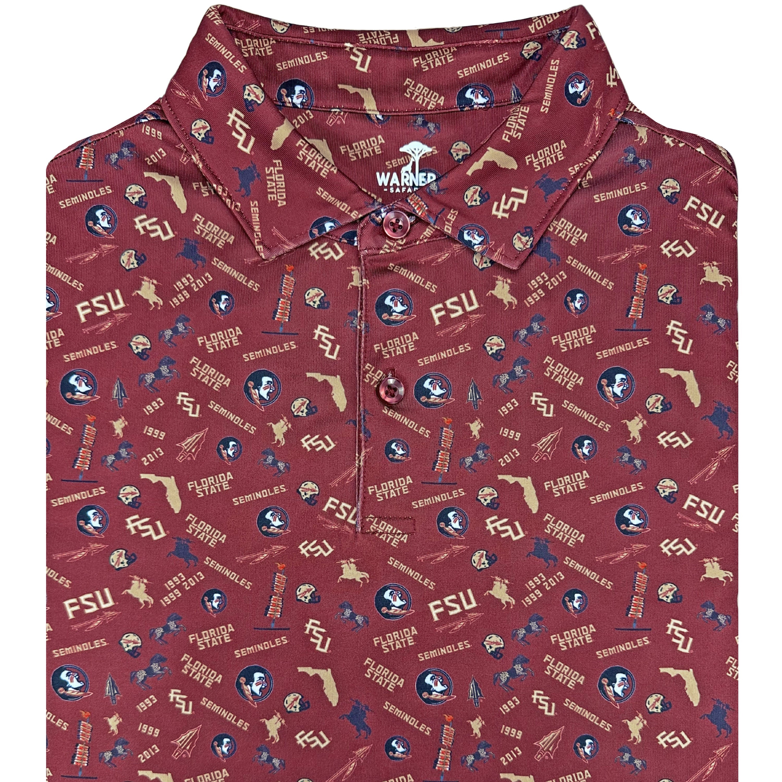 Maroon shirt with Florida State University logo and text on a white background