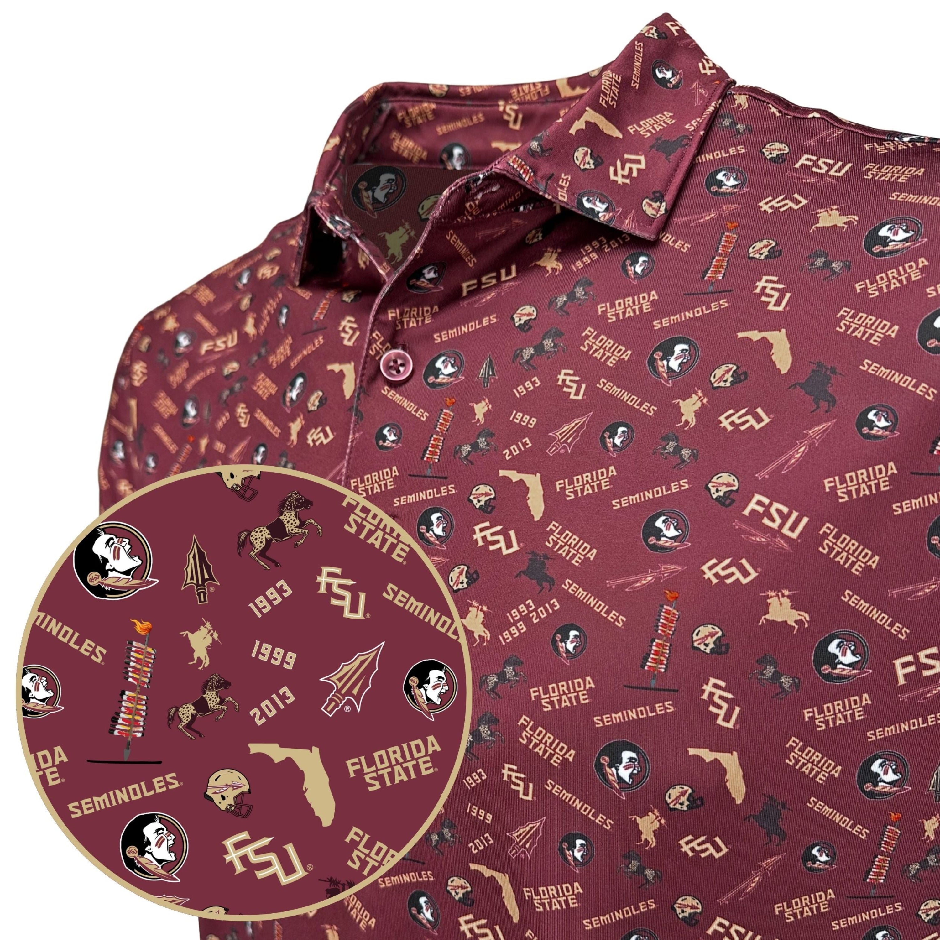 Maroon shirt with Florida State University logos and patterns on a white background