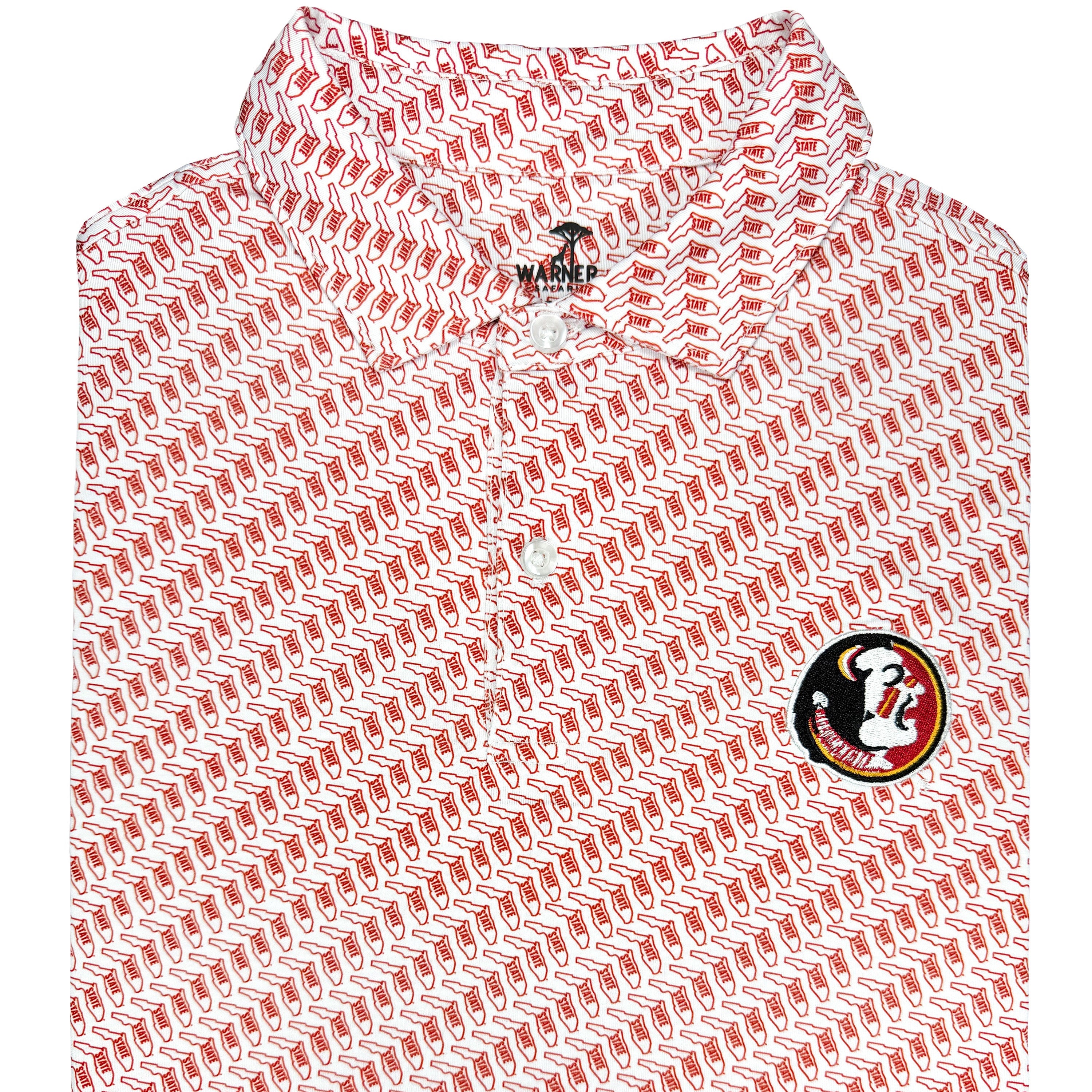 Red and white patterned shirt with a logo on a white background