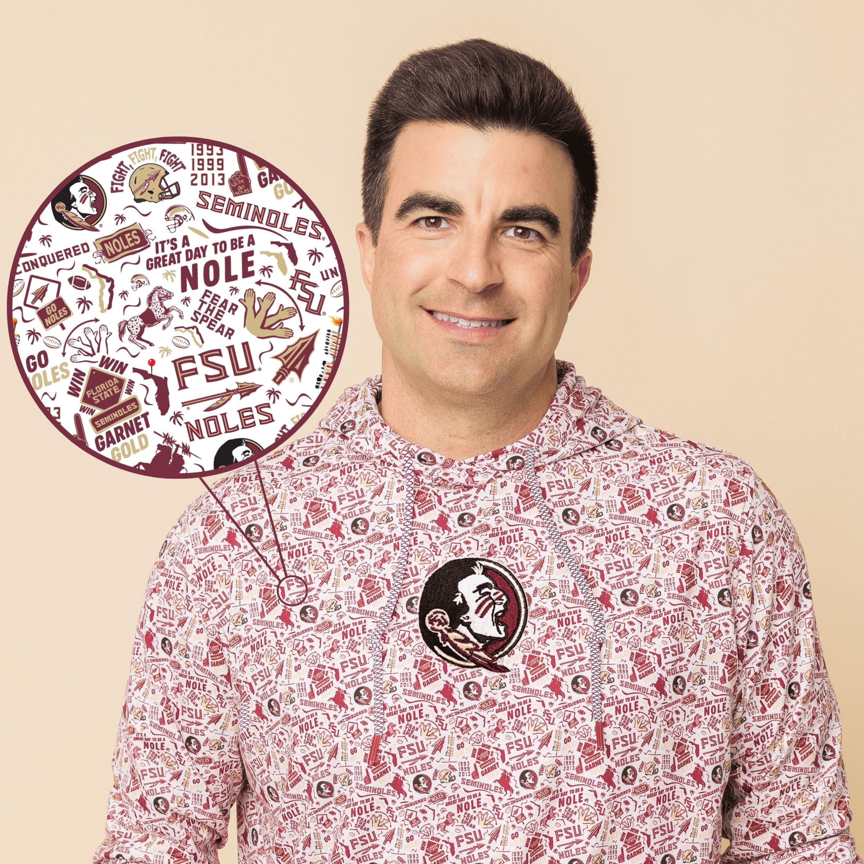 Man wearing a patterned shirt with FSU logo, surrounded by FSU branding elements on a beige background