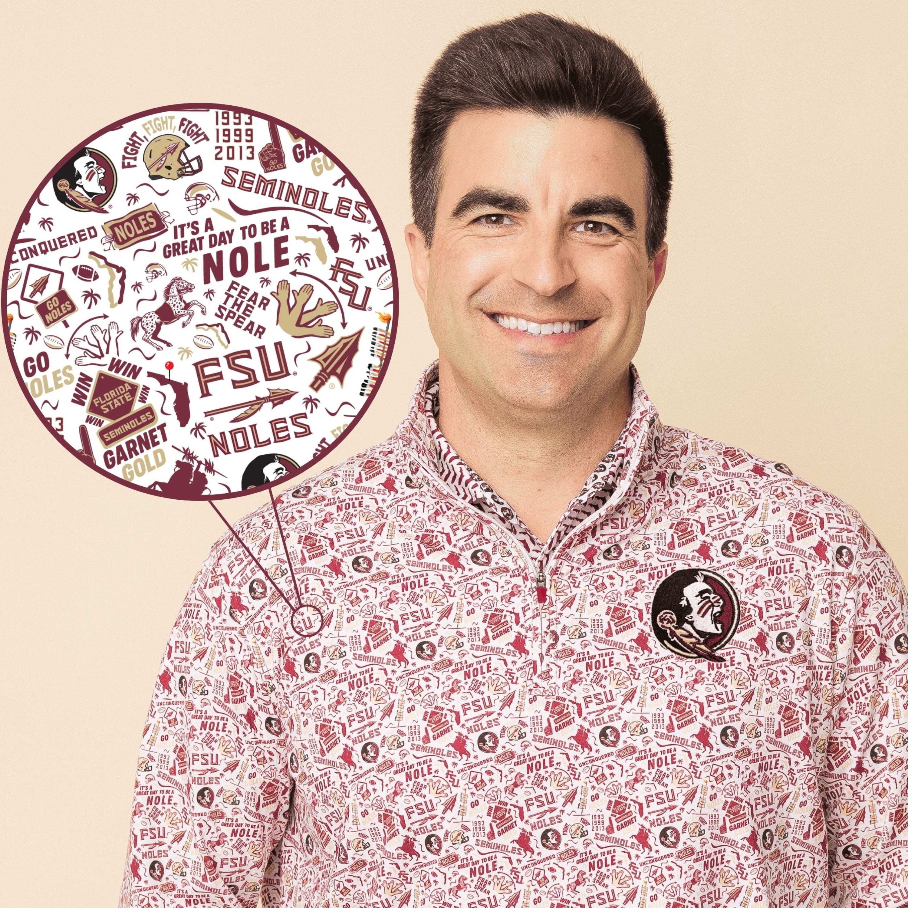 Man wearing a patterned shirt with sports team logos, next to a circular graphic with similar designs.