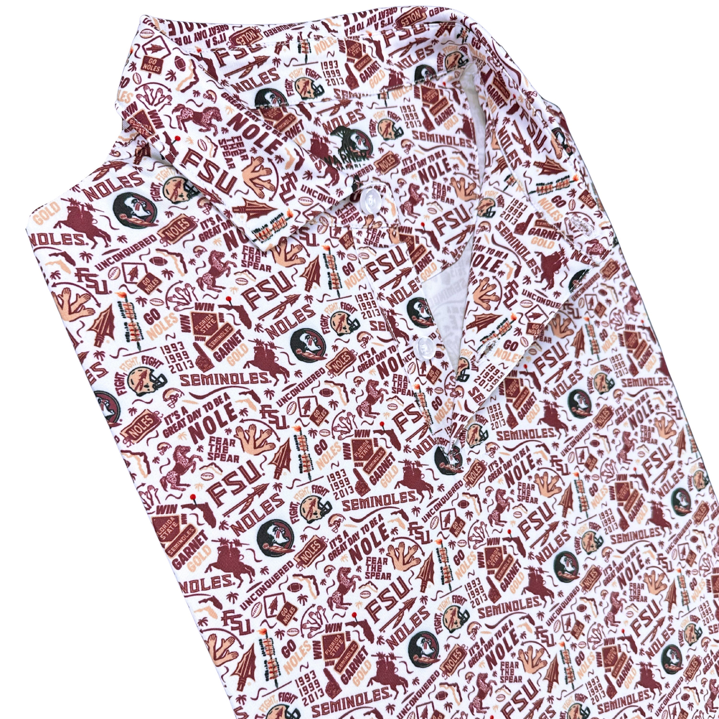 Polo with Florida State Seminoles logo and text on a white background