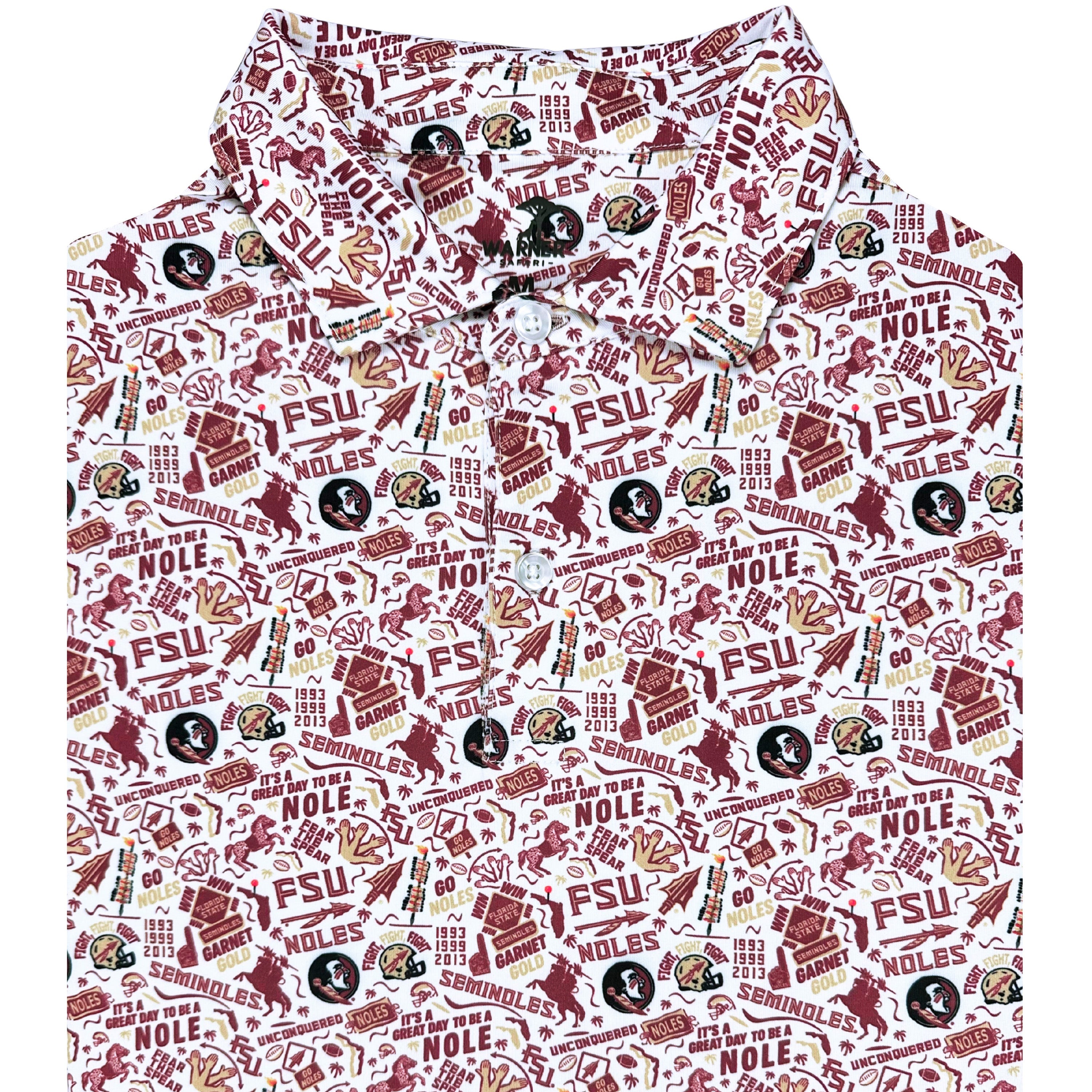 Shirt with FSU and Noles pattern on a white background