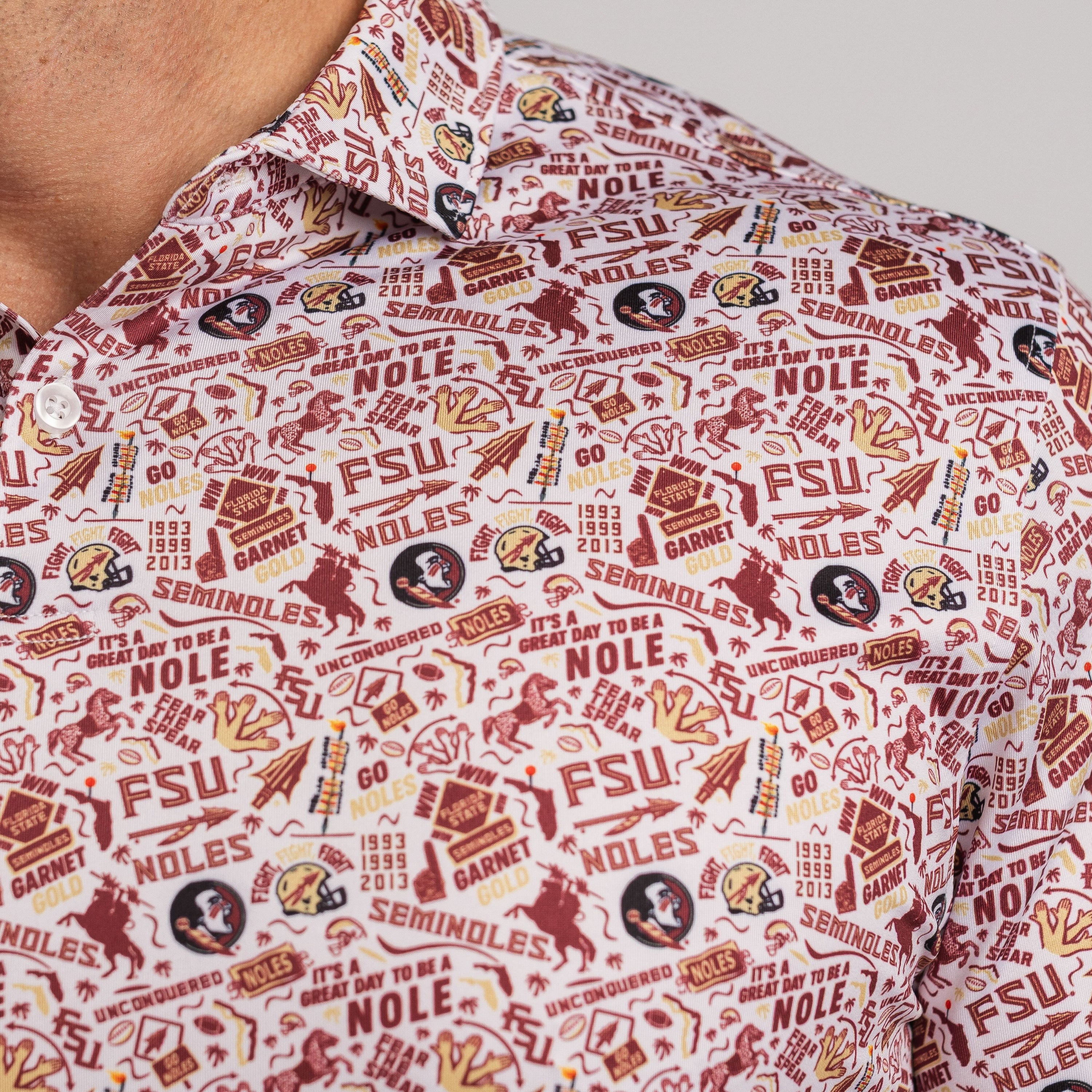 Patterned shirt with Florida State University logos and text