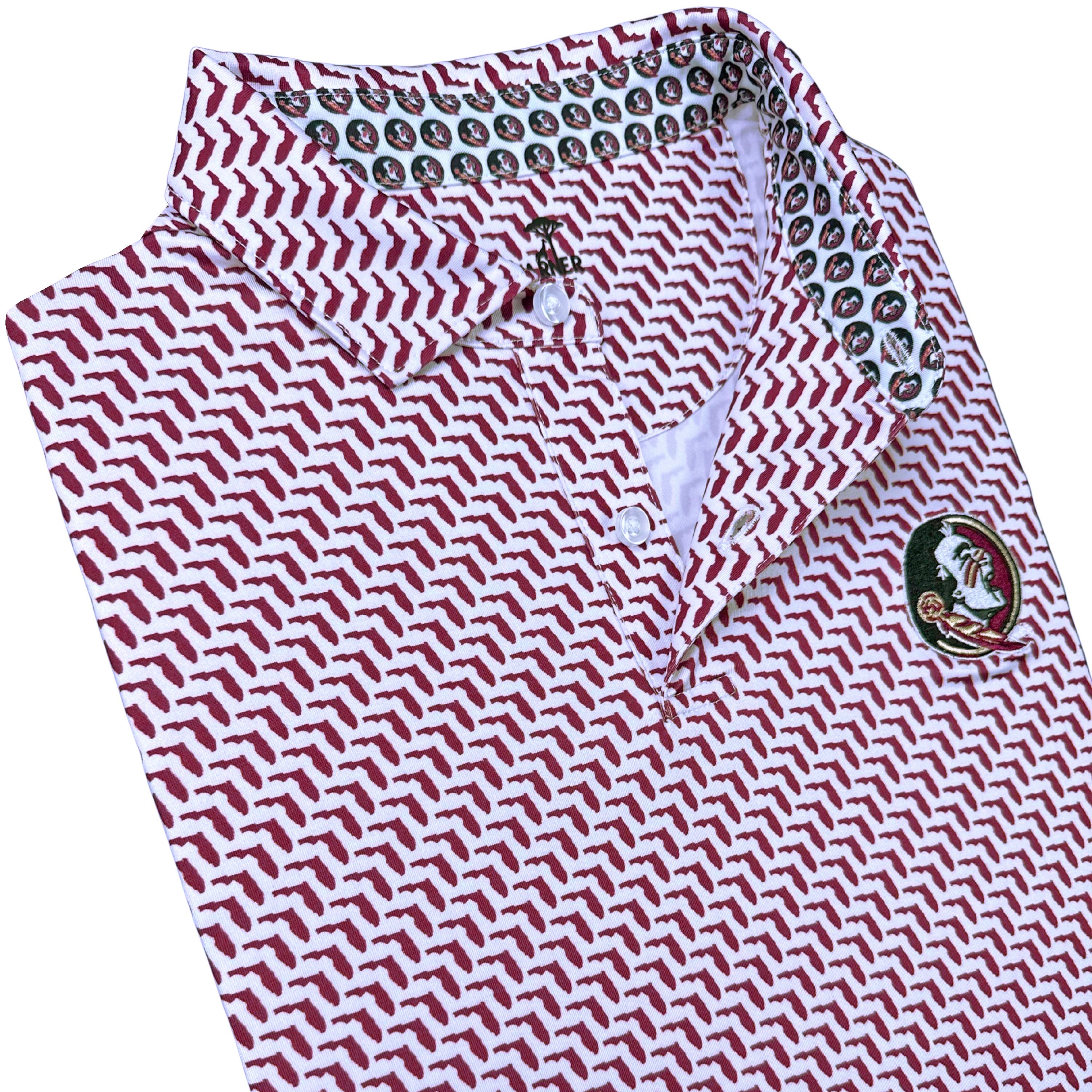 Red and white patterned pants with a logo on a white background