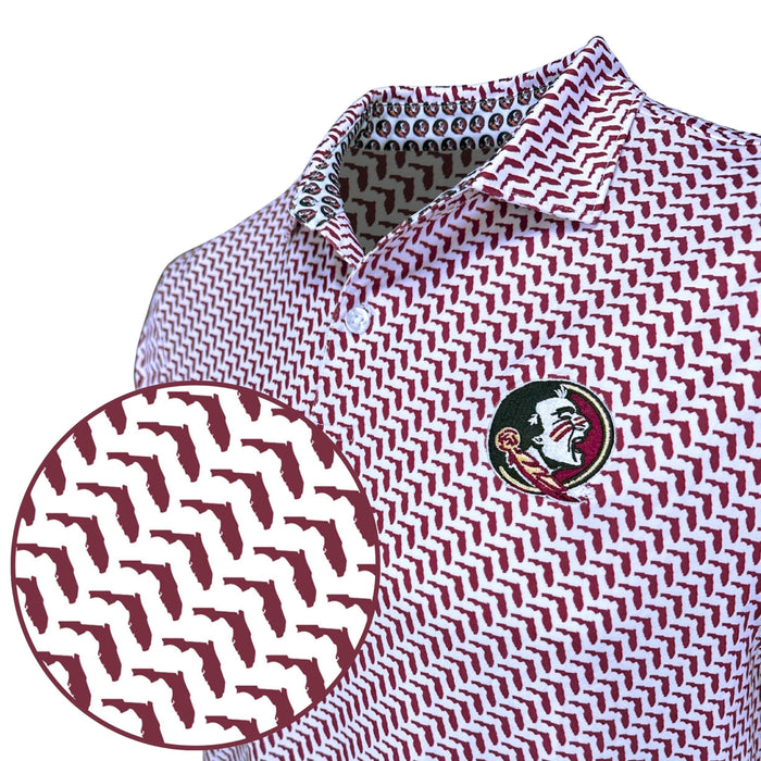Polo shirt with a patterned collar and a logo on a white background