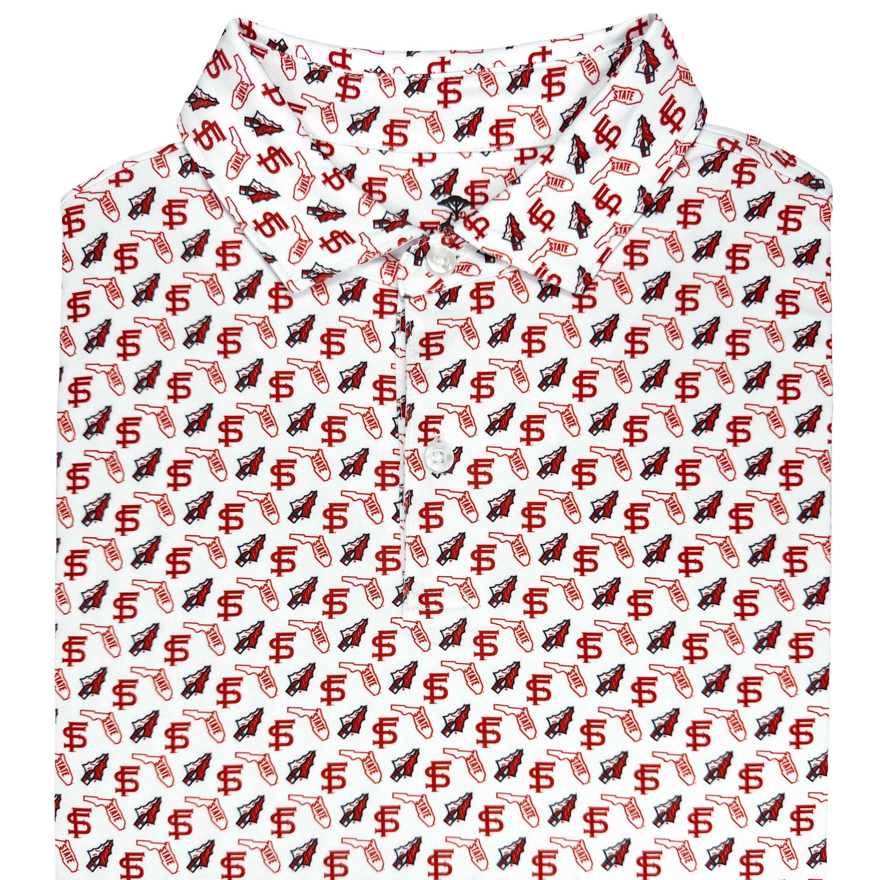 White polo top with red and black graphic pattern on a white background