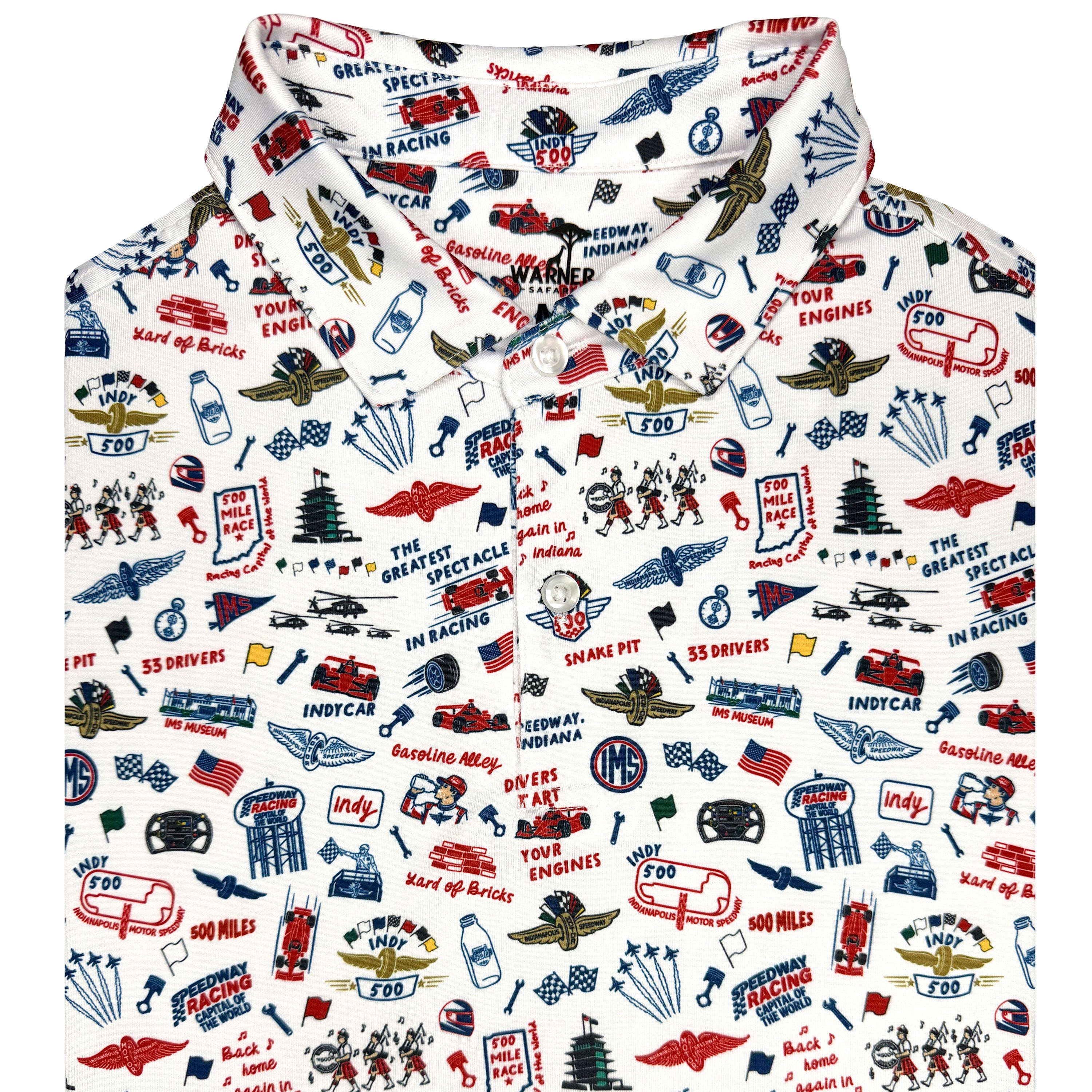 A white short-sleeve button-up shirt with an all-over retro graphic print featuring red, blue, and black illustrations raceway logos