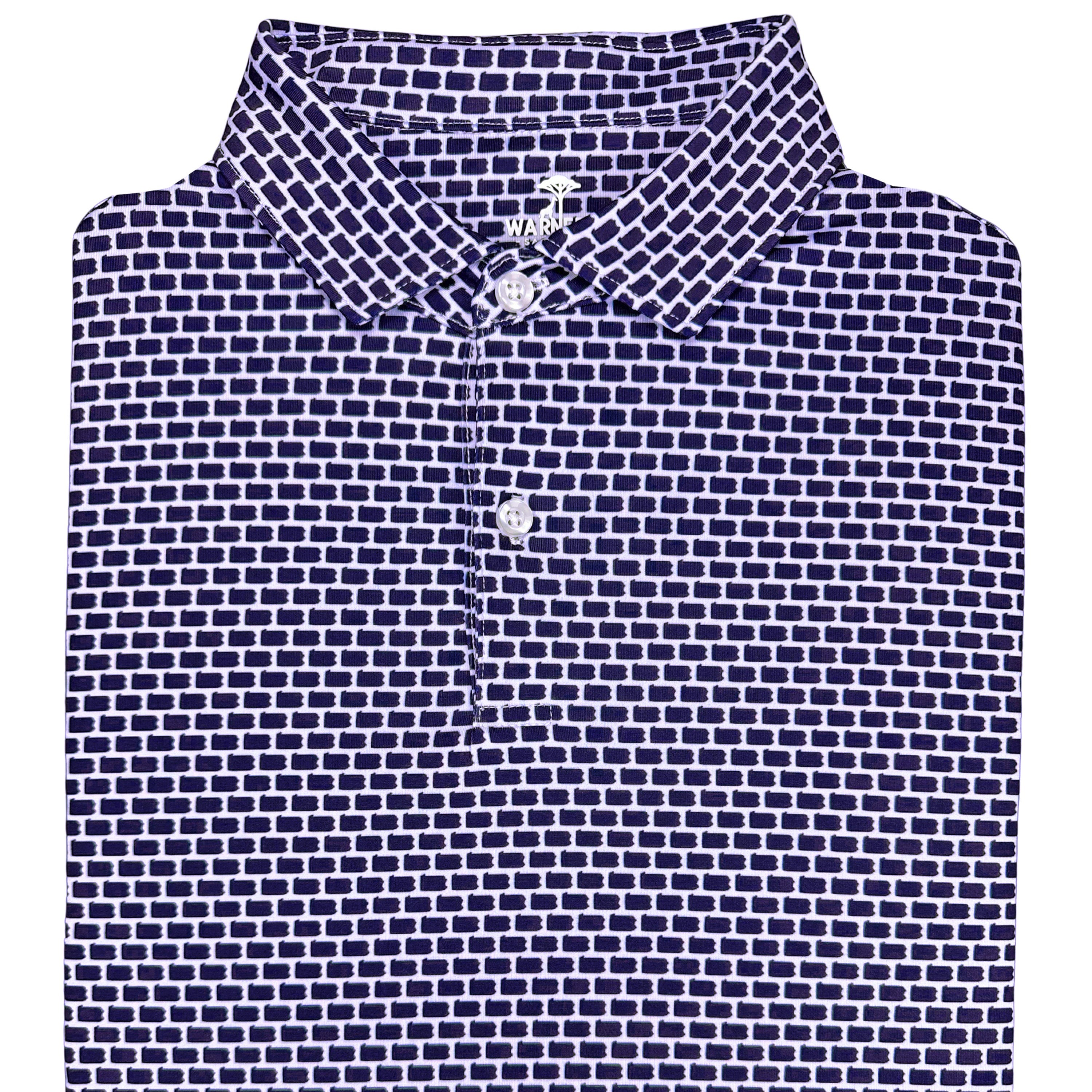 Navy patterned polo shirt on a white background