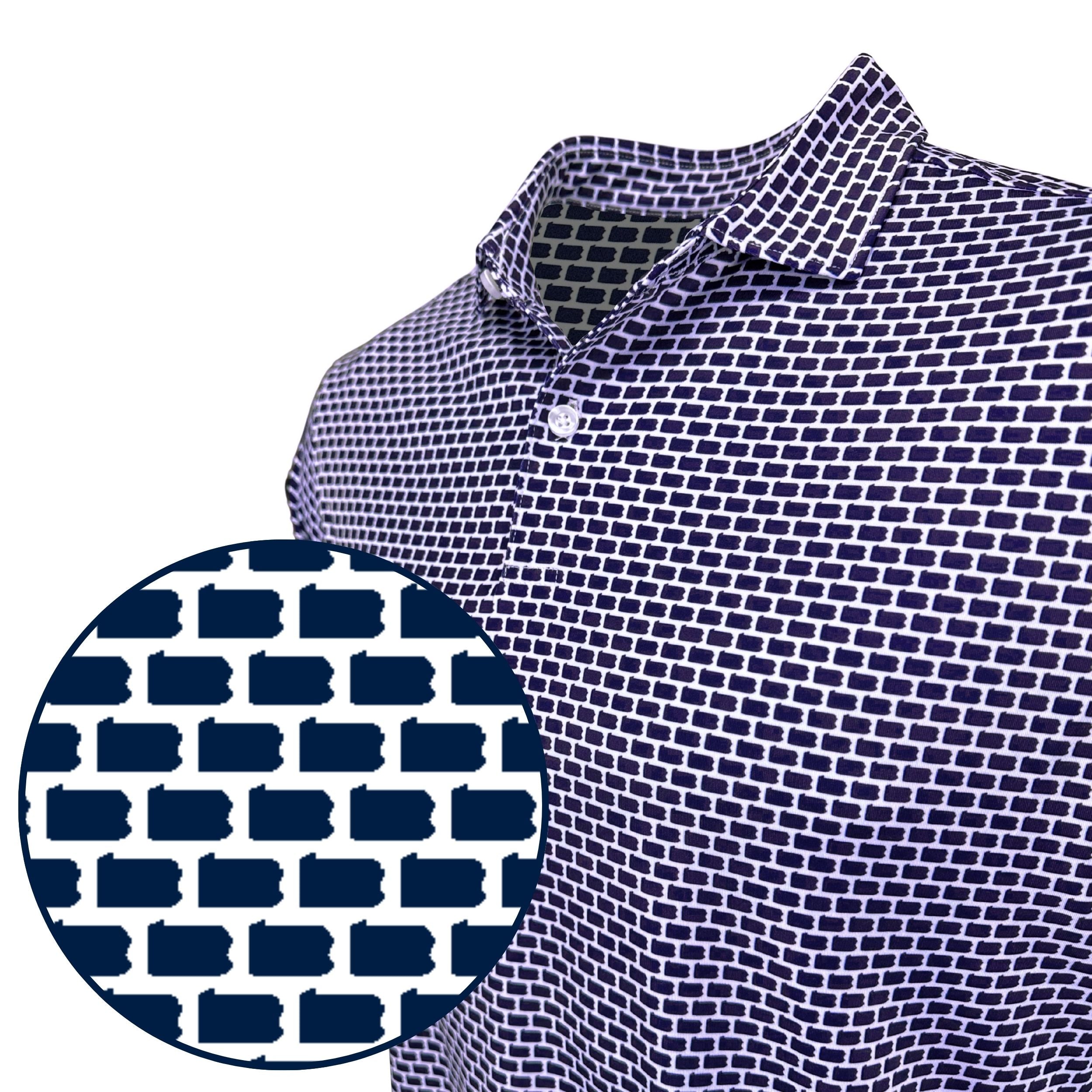 Navy patterned shirt with close-up of pattern on a white background