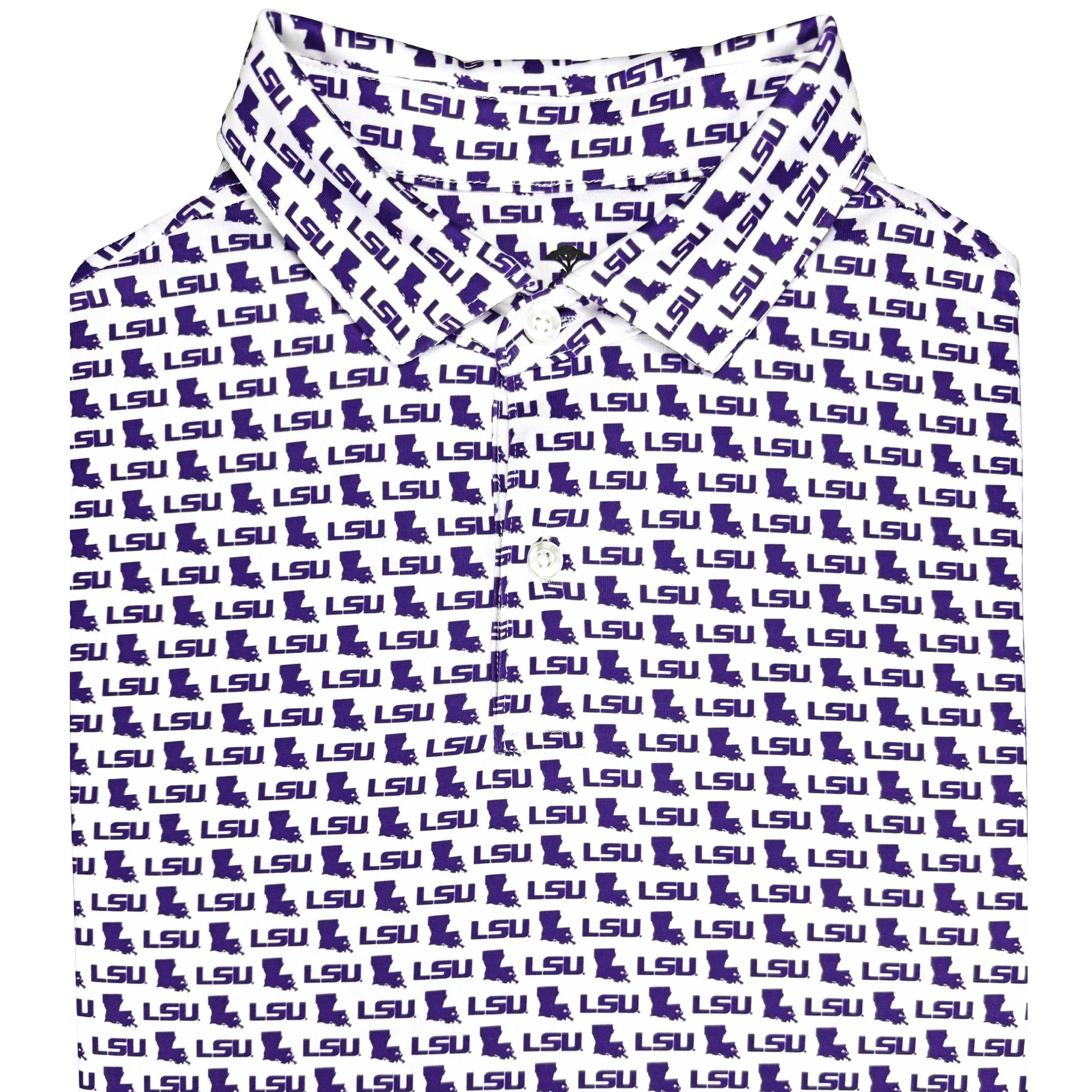 LSU patterned polo shirt on a white background