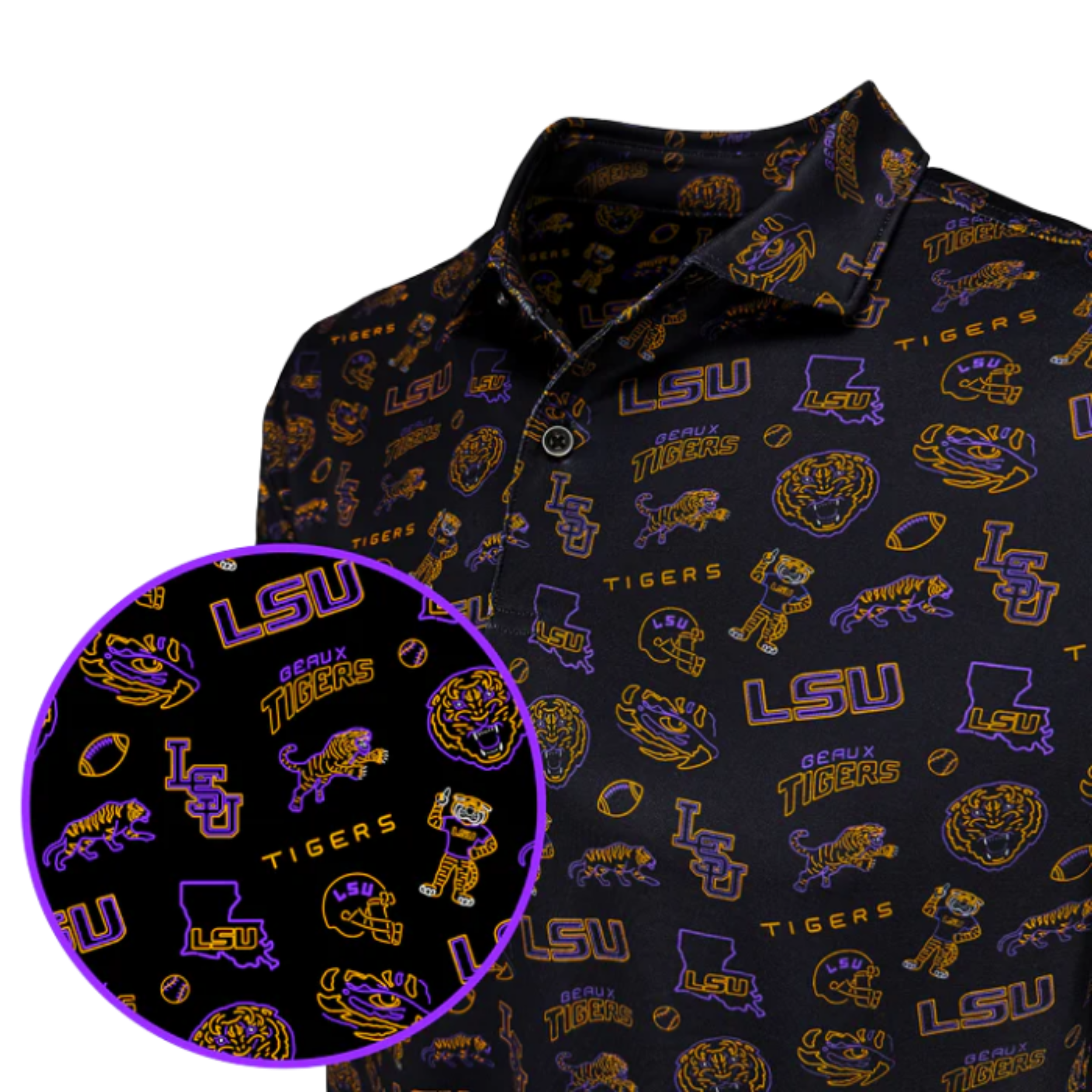 Dark shirt with LSU Tigers pattern on a white background