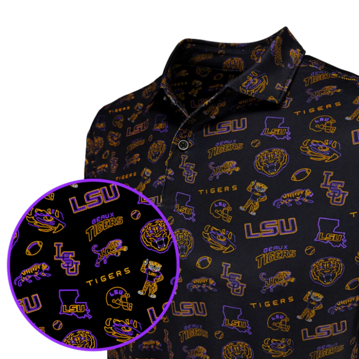 Dark shirt with LSU Tigers pattern on a white background