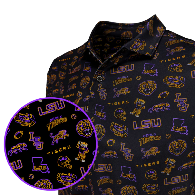 Dark shirt with LSU Tigers pattern on a white background