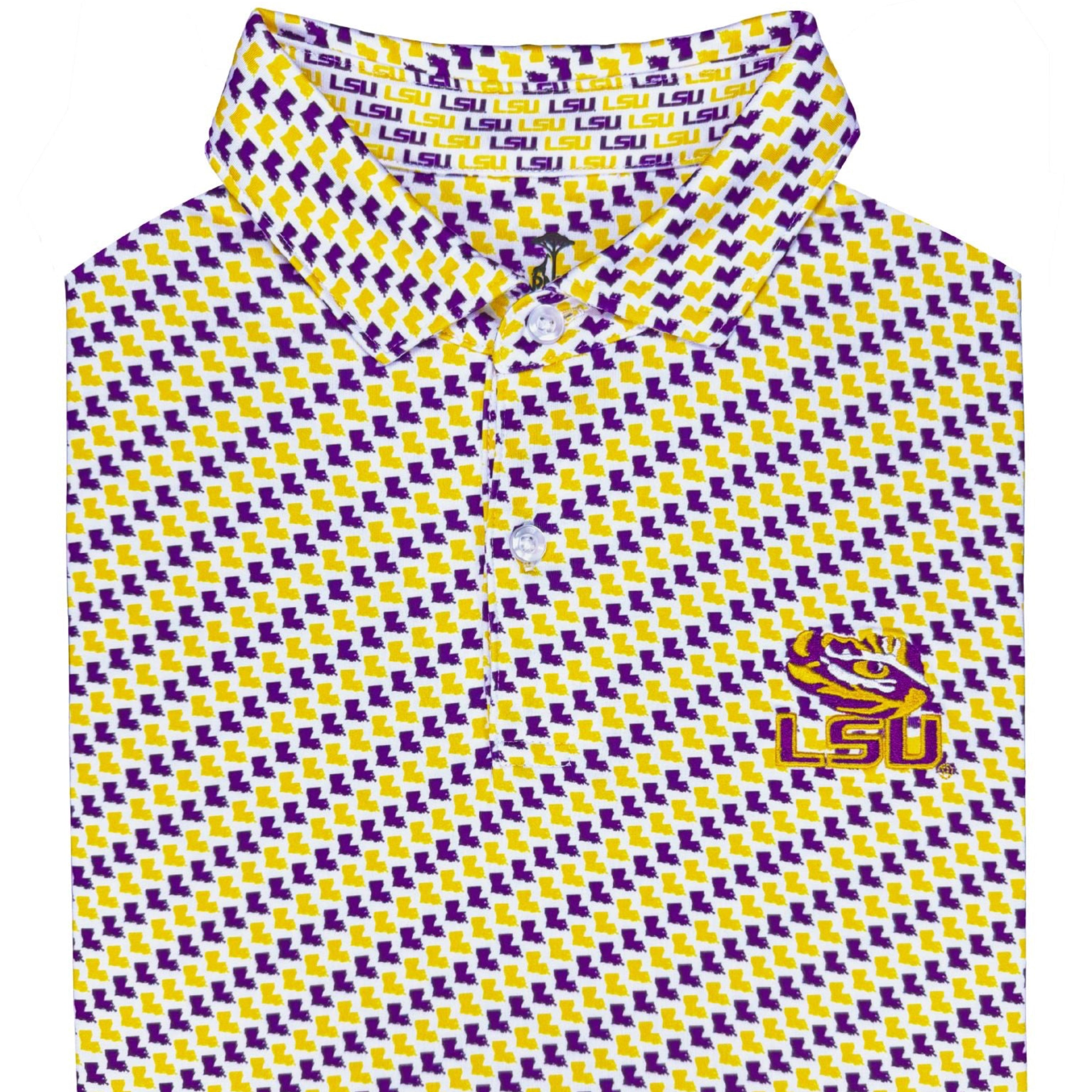 LSU patterned shirt with logo on a white background