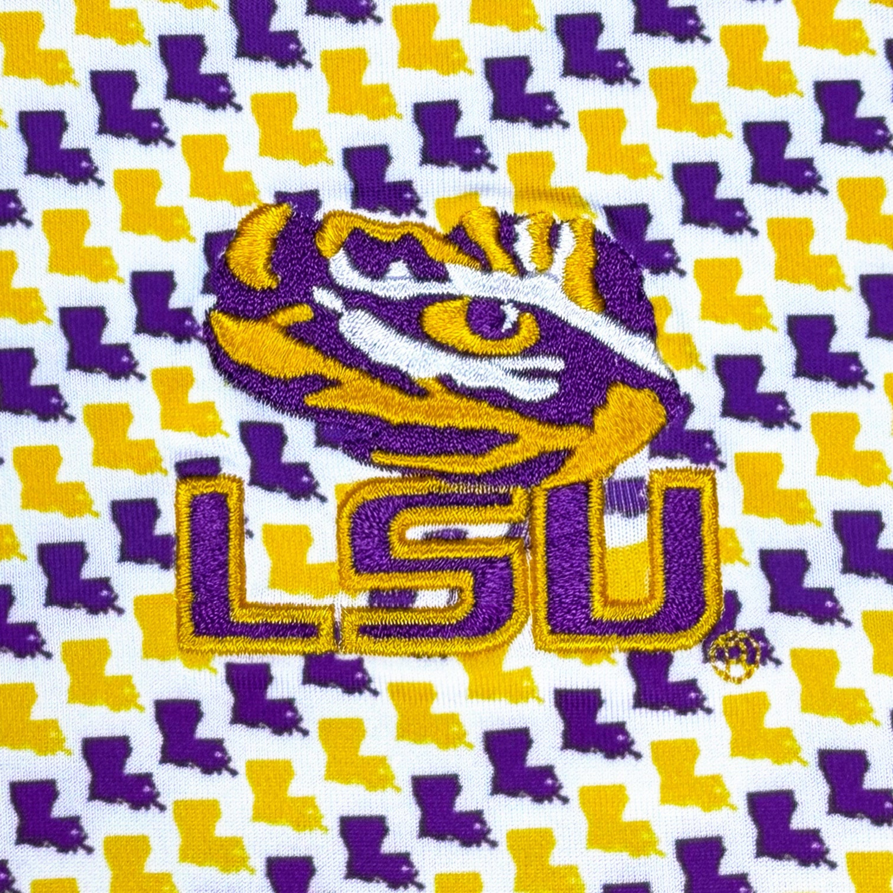 LSU logo with purple and yellow pattern on a white background