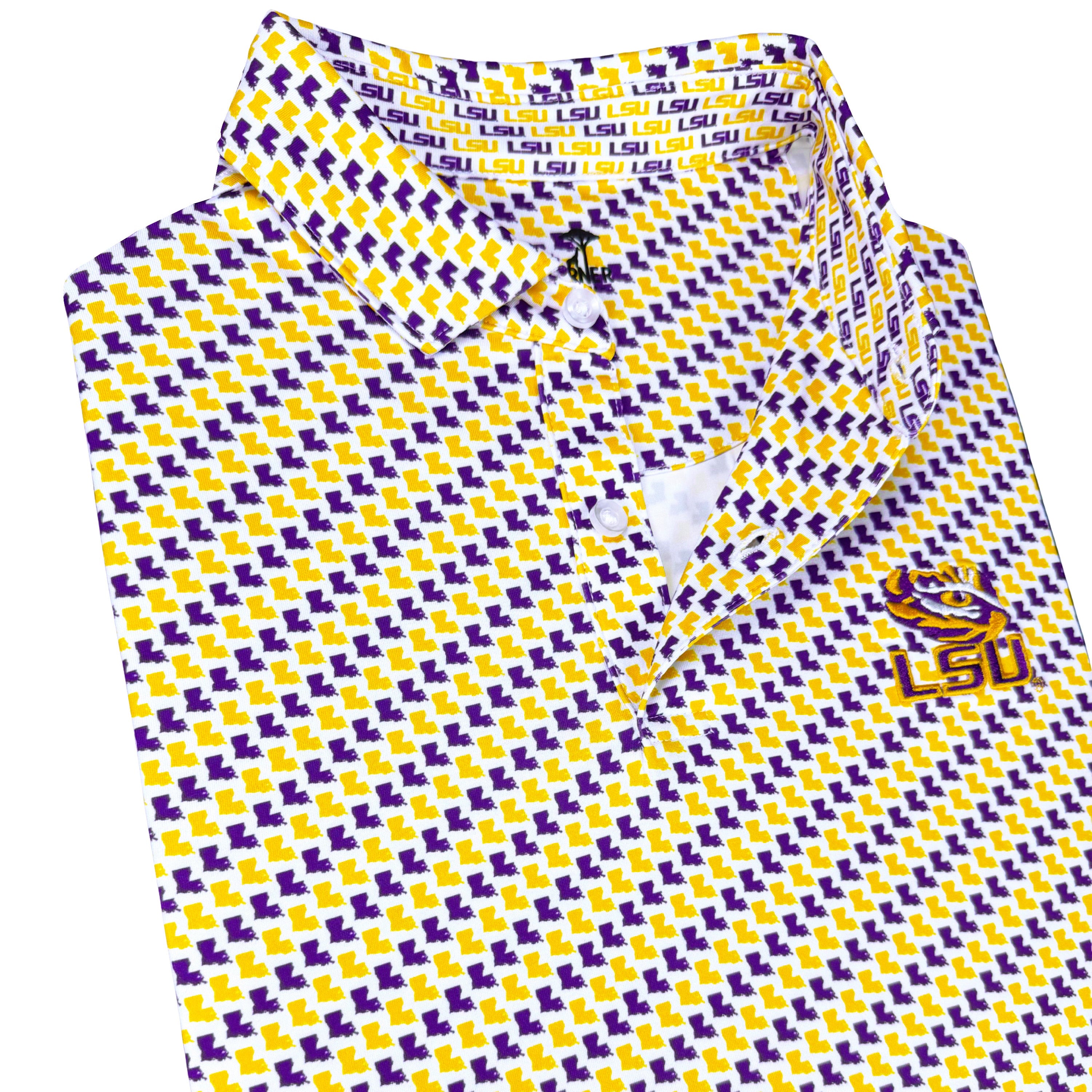 LSU patterned polo shirt on a white background