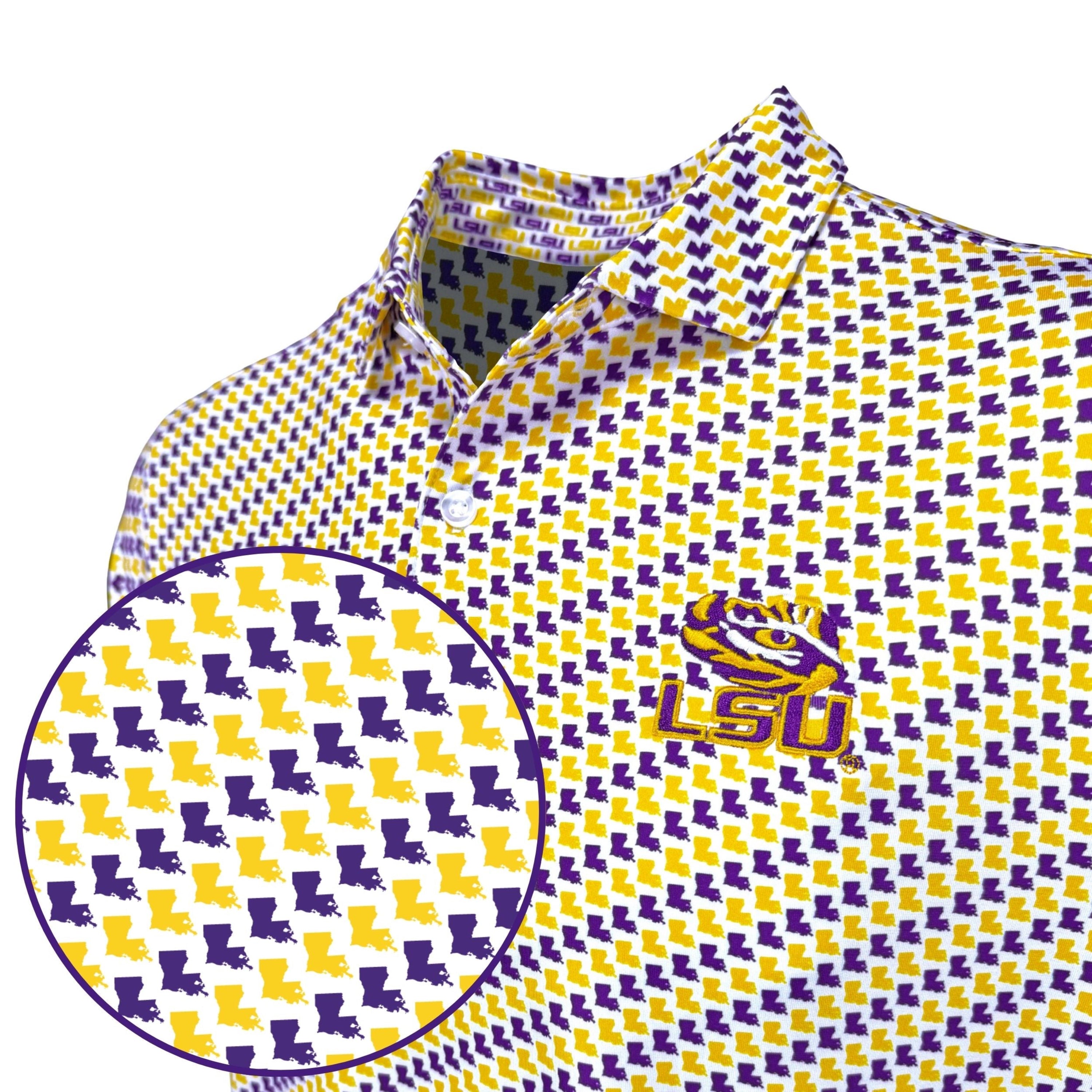 LSU patterned shirt with logo on a white background