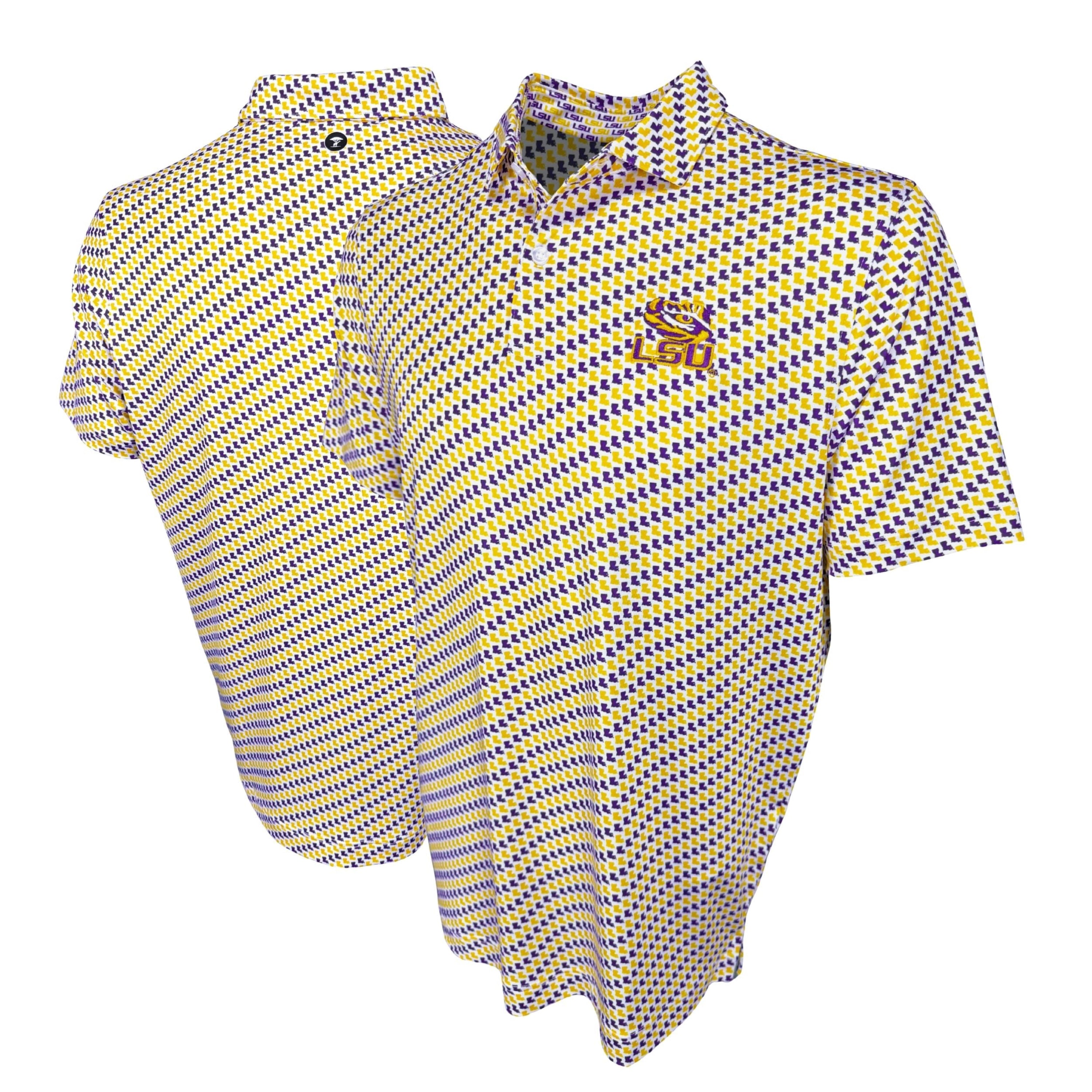 Yellow and blue patterned shirt with a logo on a white background