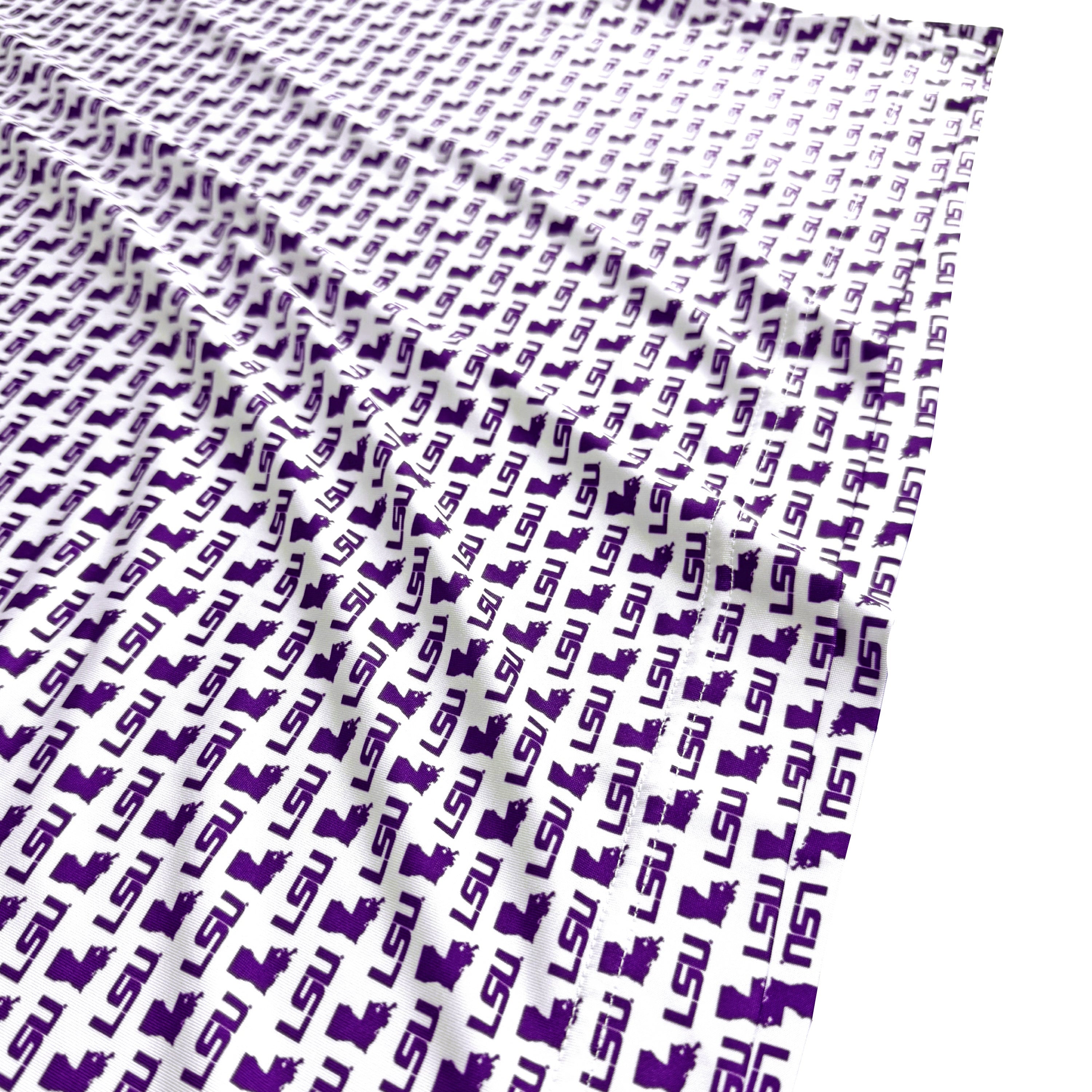 White fabric with purple LSU logo pattern