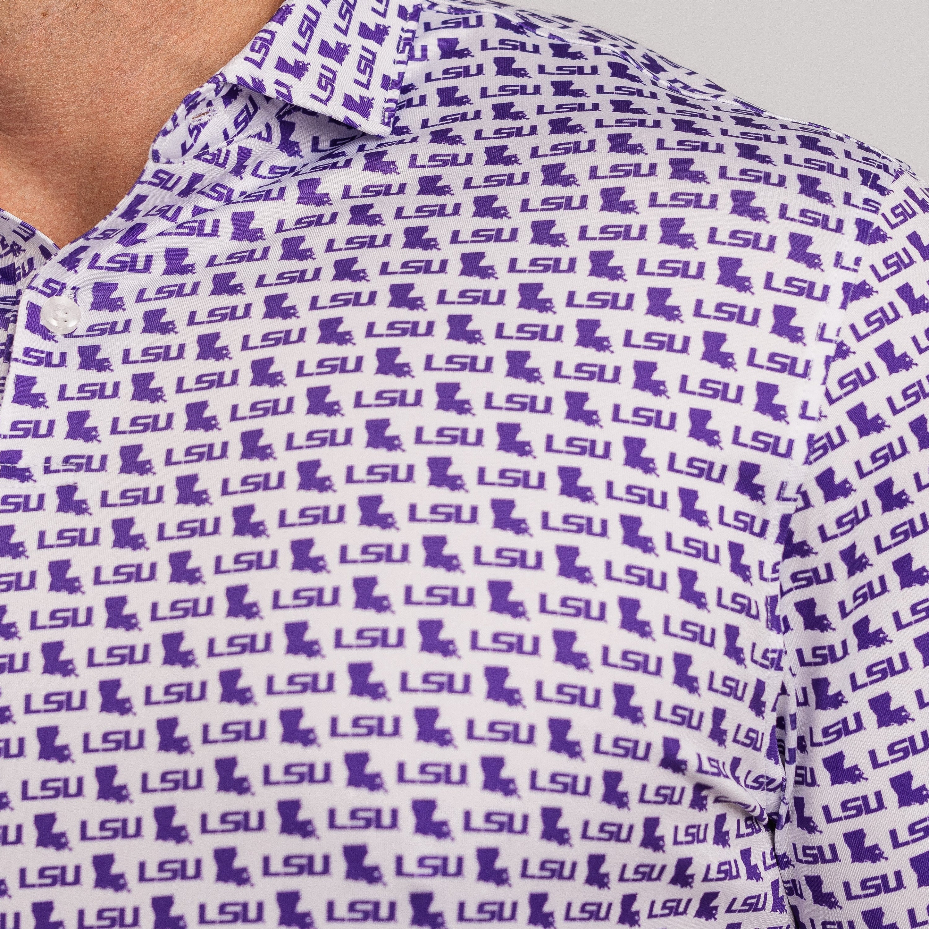 Close-up of a shirt with LSU pattern