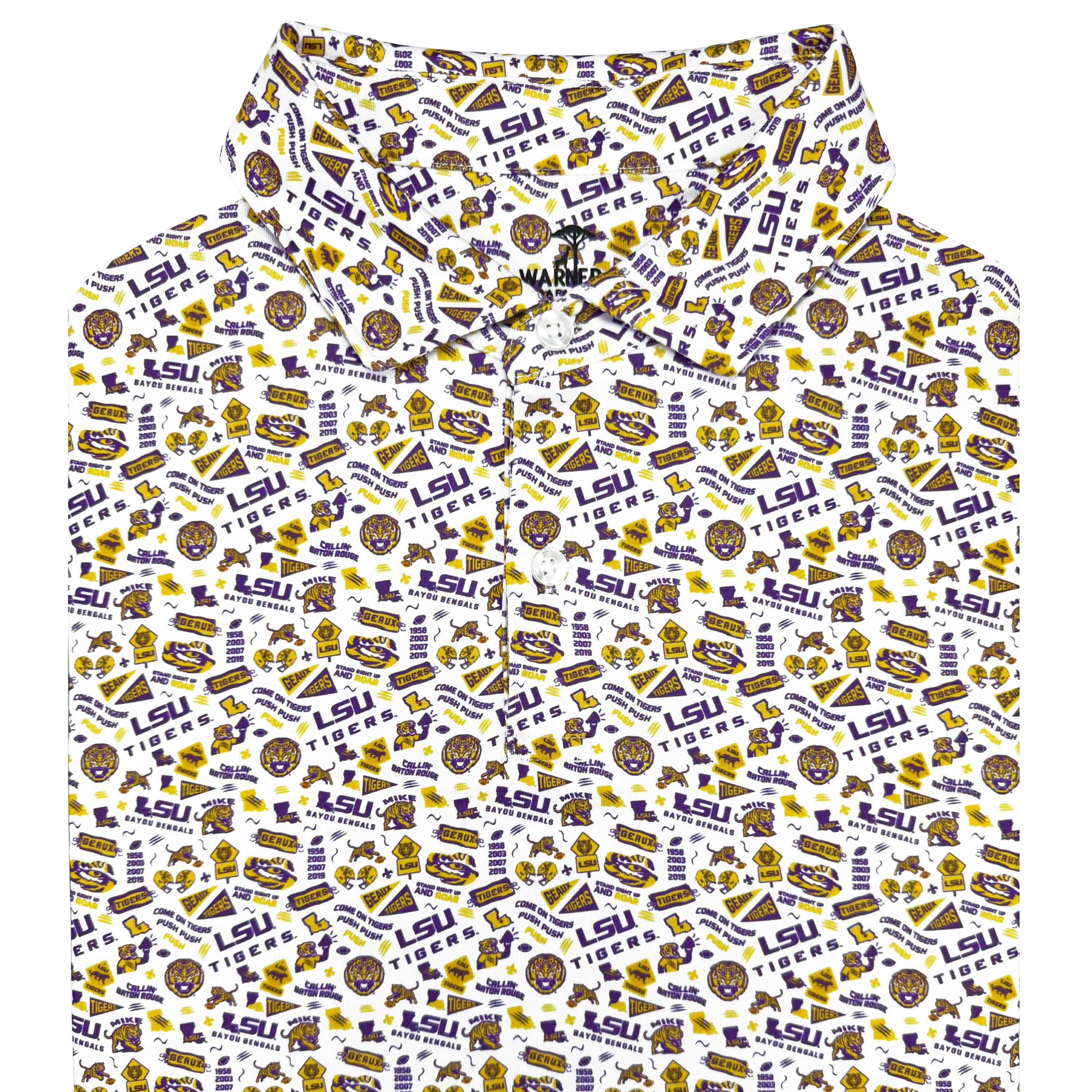 LSU-themed patterned shirt with various logos and designs on a white background
