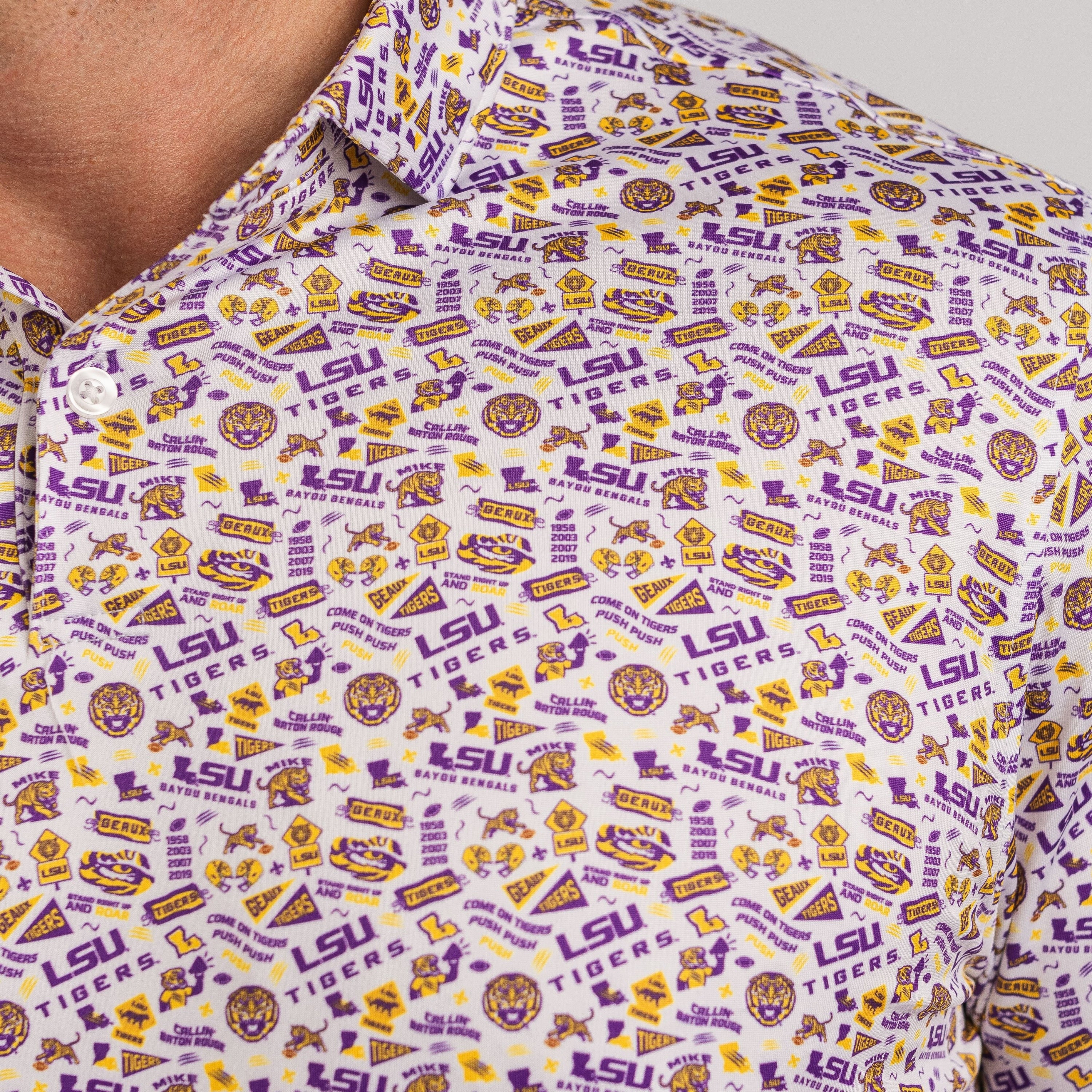 Close-up of a shirt with LSU Tigers pattern