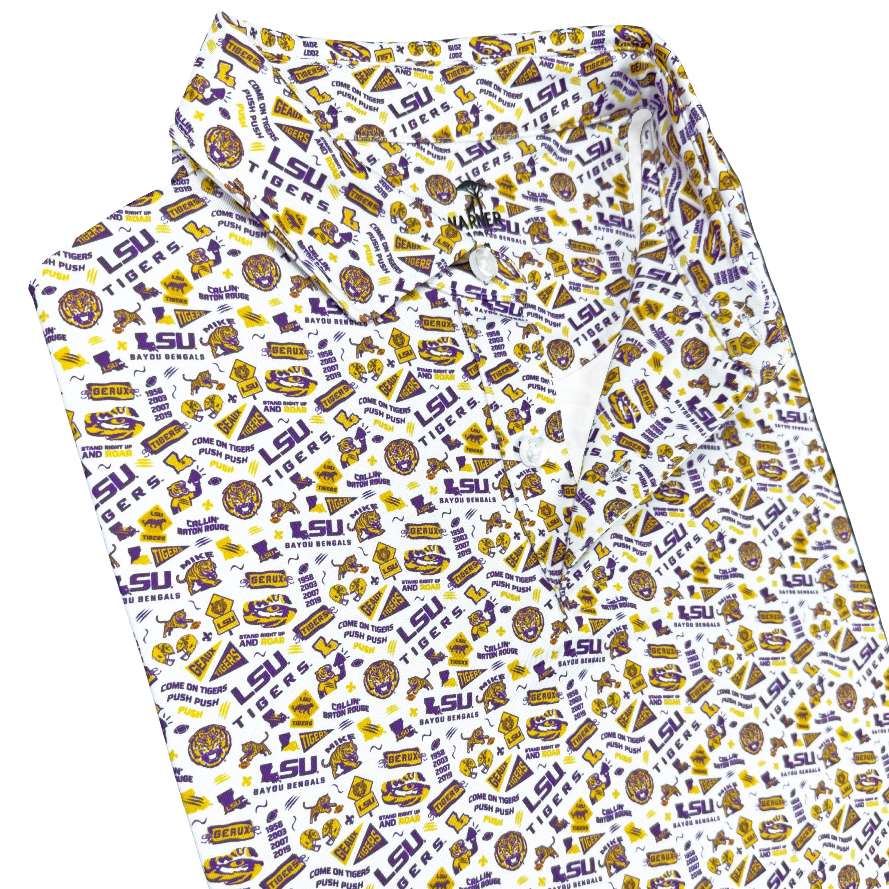 LSU-themed fabric with various logos and designs on a white background