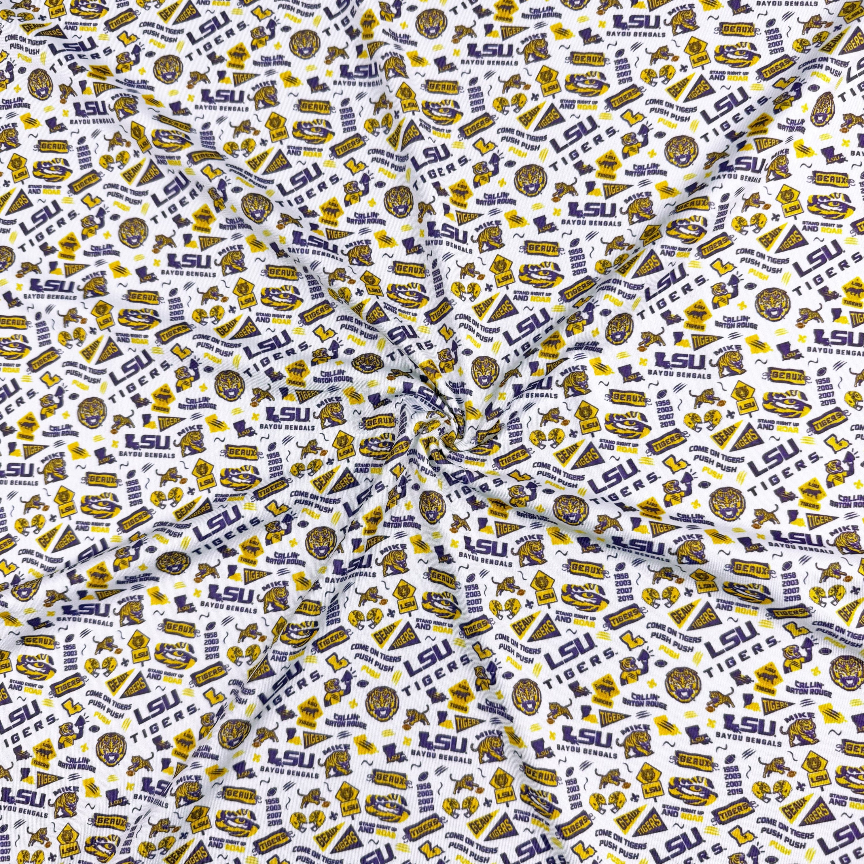 Patterned fabric with LSU logos and text on a white background