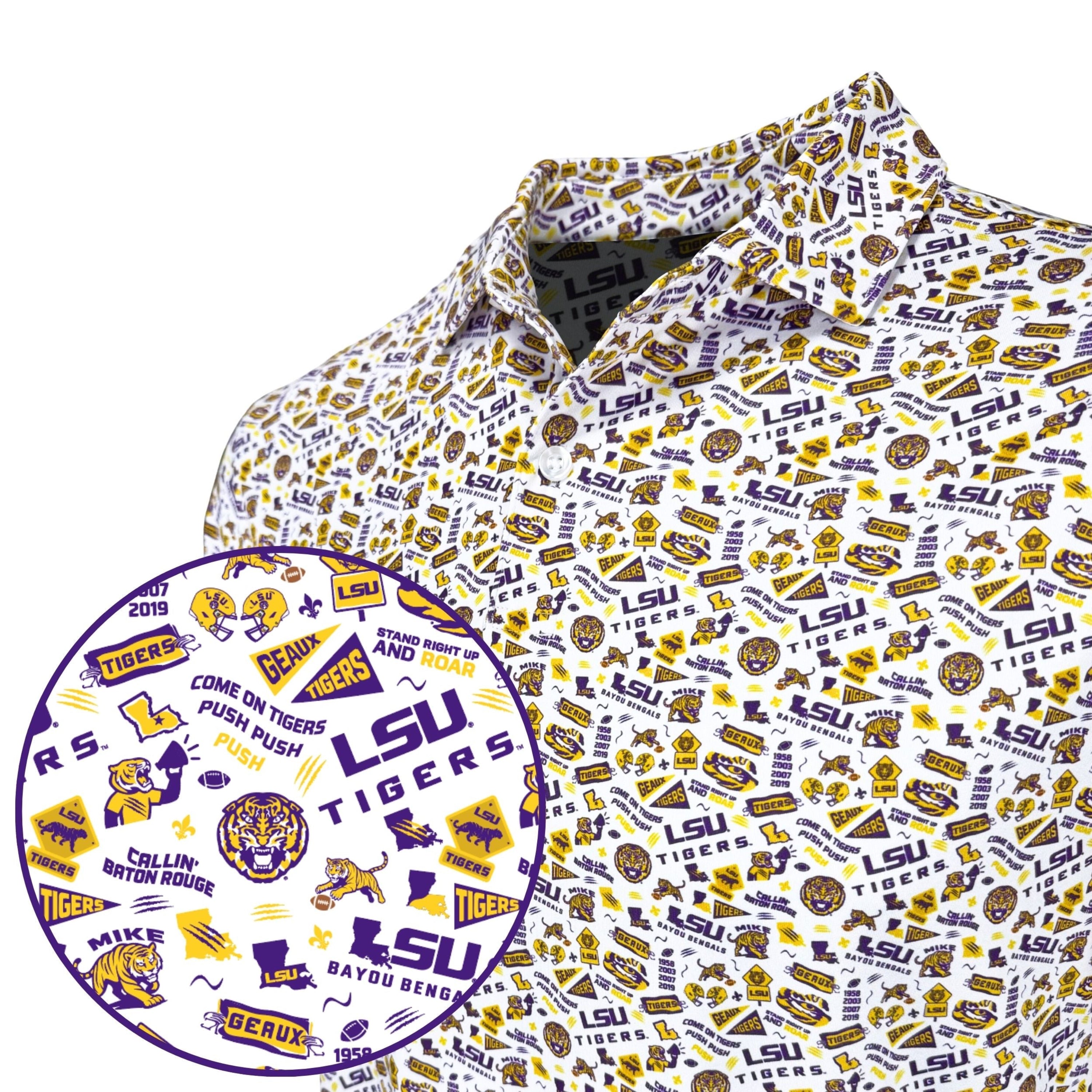 LSU Tigers patterned shirt with logo and text on a white background