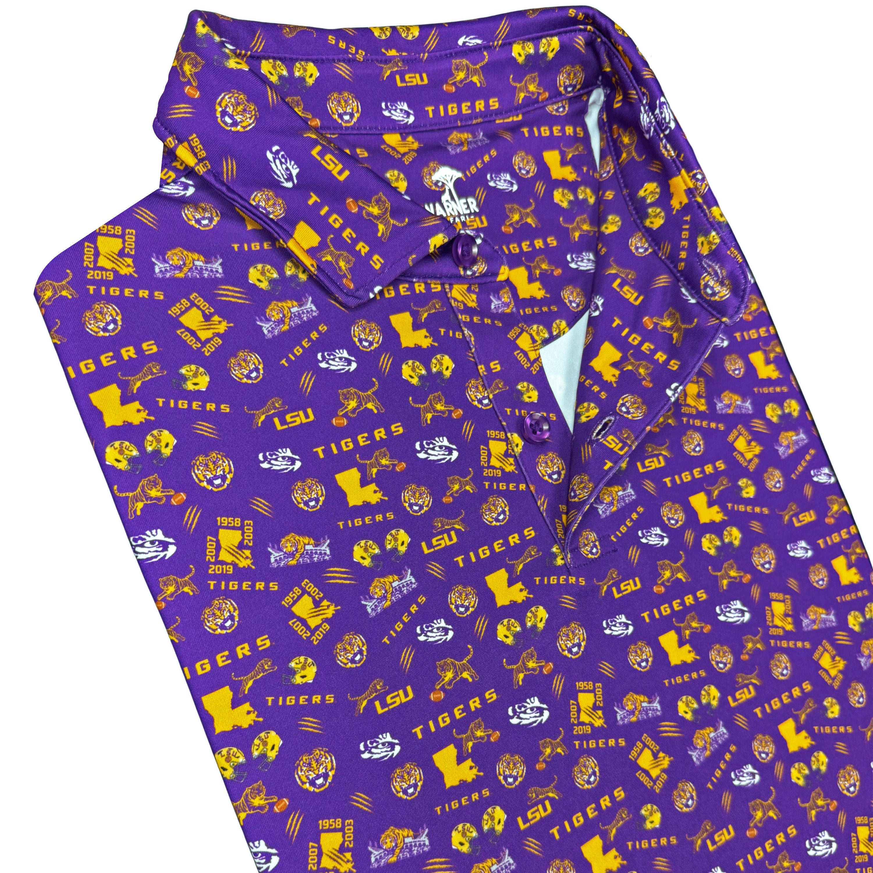 Purple Polo with LSU Tigers logo pattern on a white background