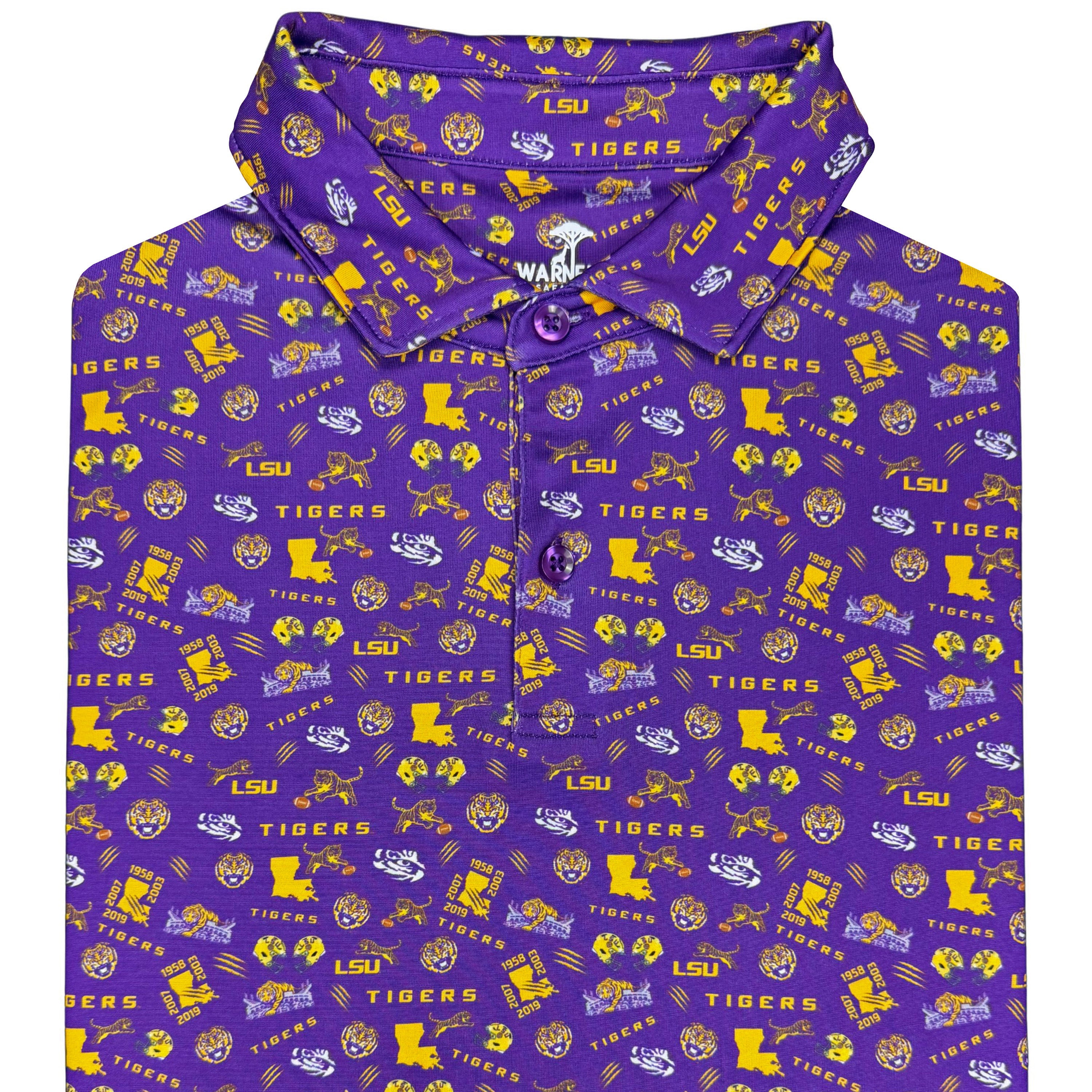 Purple Polo with LSU Tigers pattern on a white background
