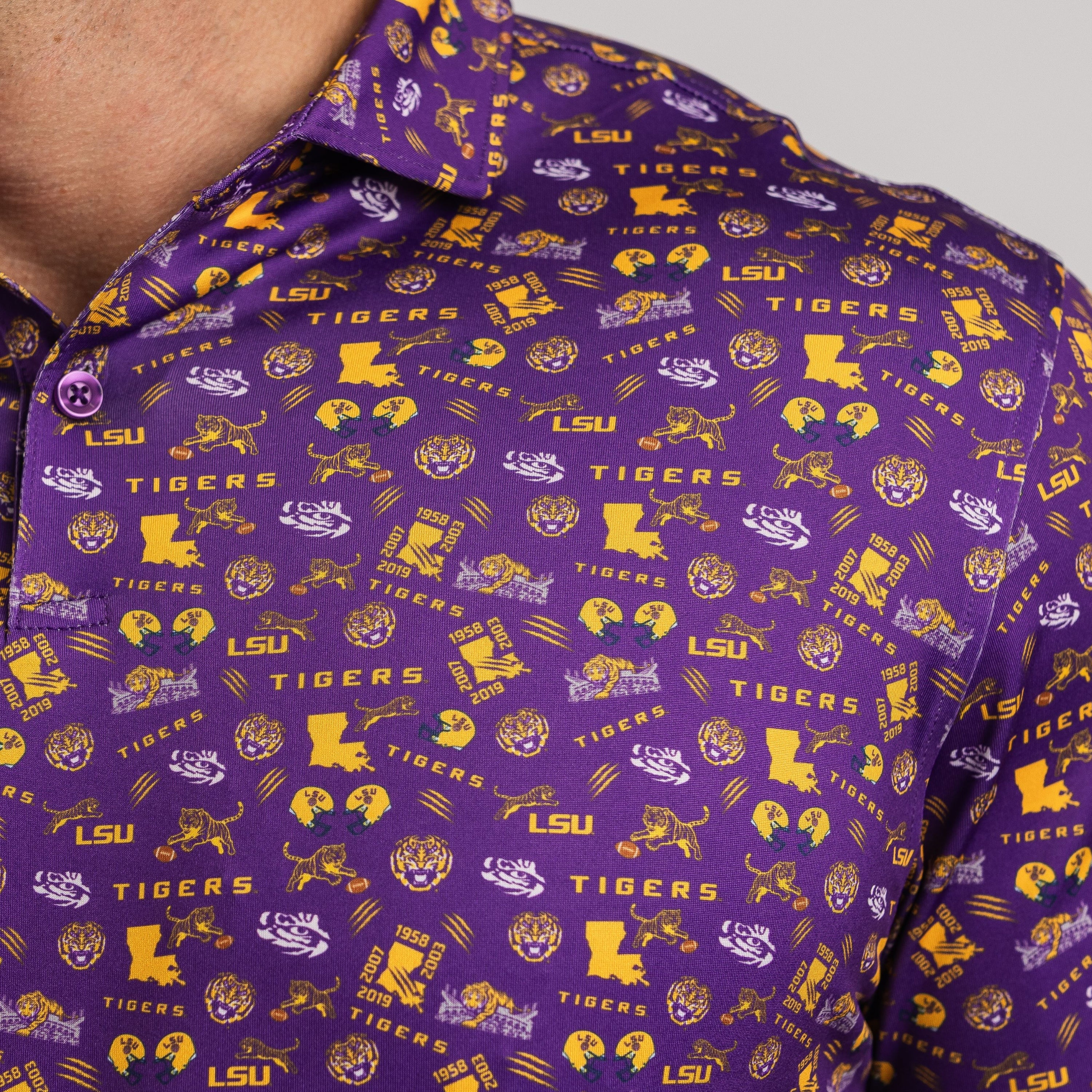 Purple shirt with LSU Tigers pattern