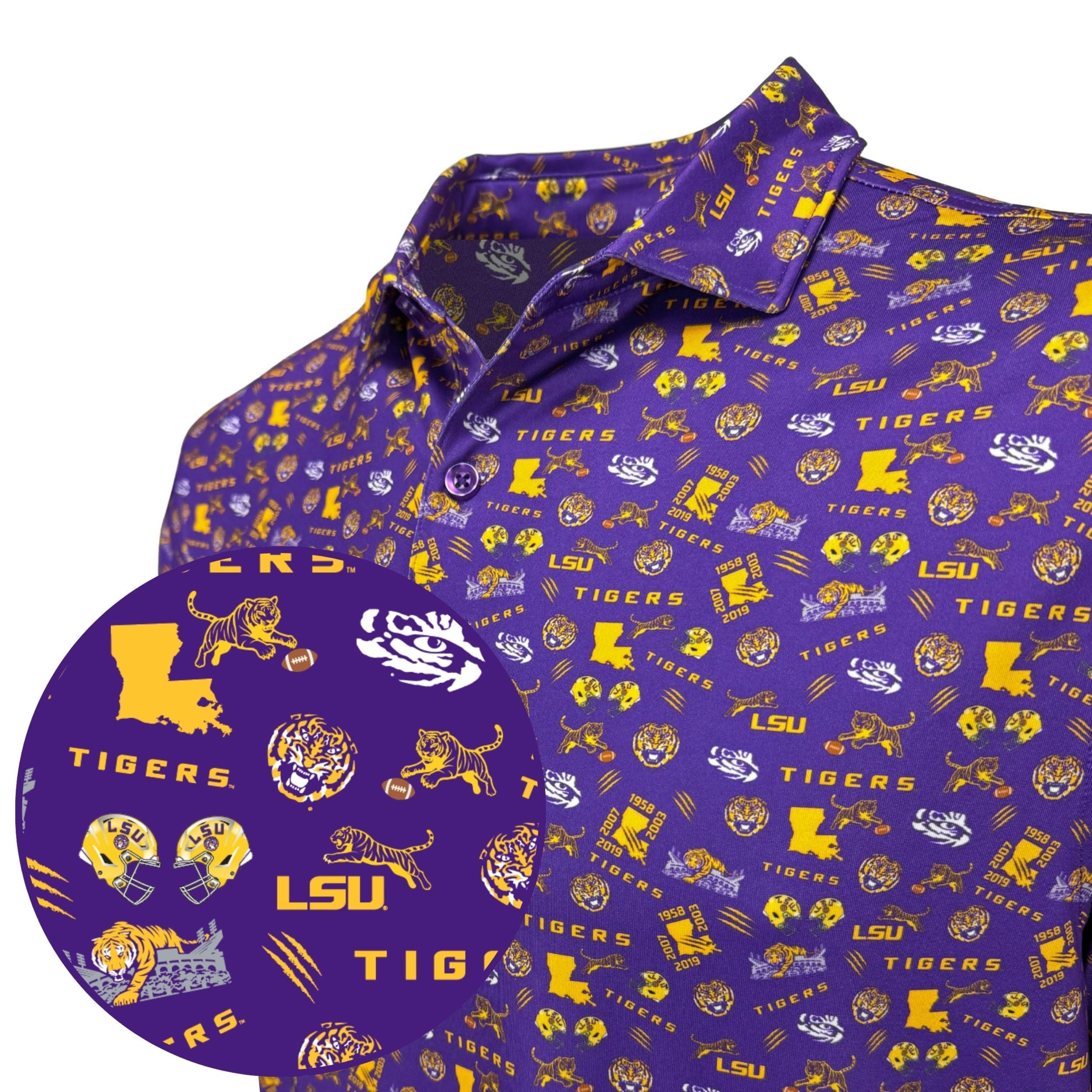 Purple shirt with LSU Tigers logo and text on a white background