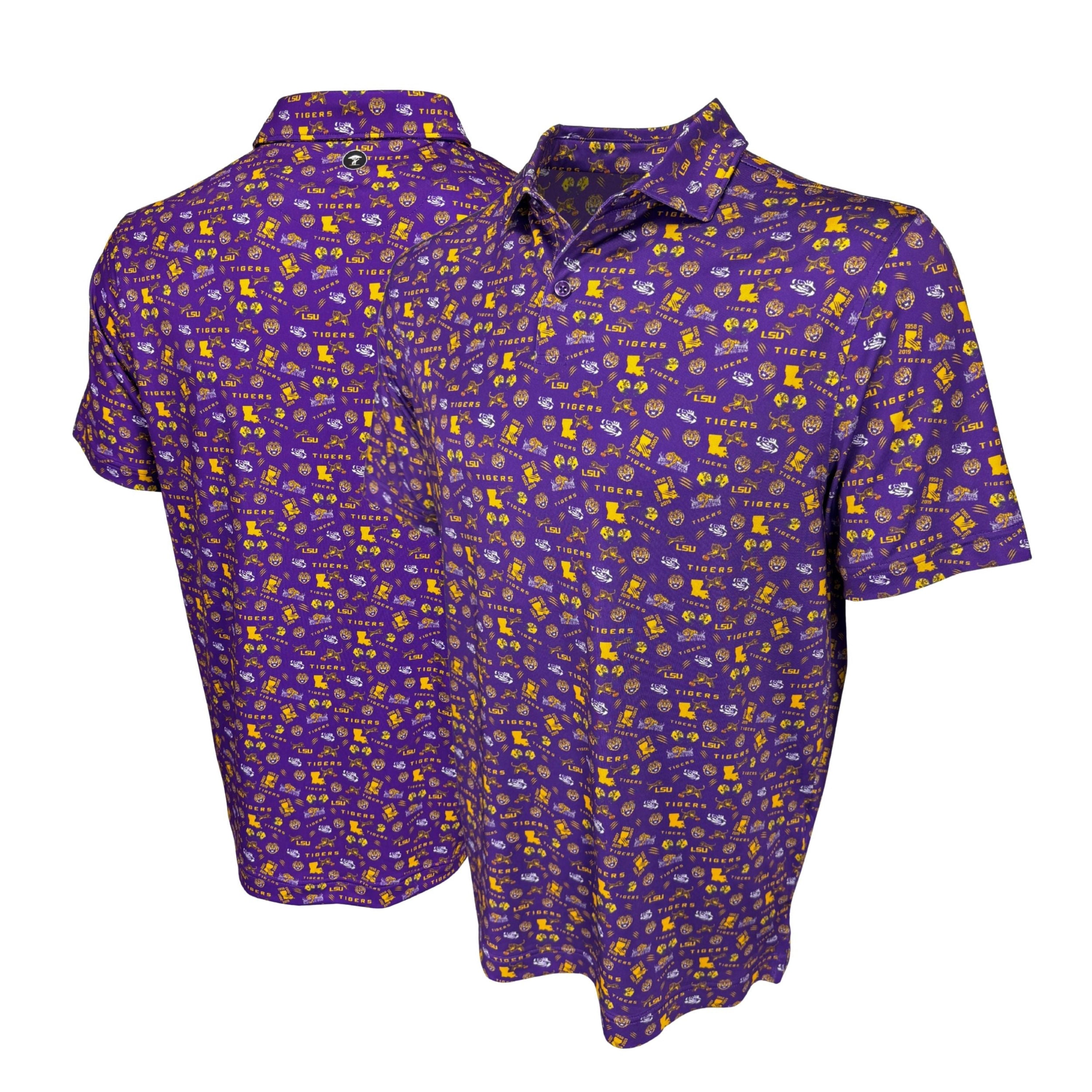 Purple shirt with yellow pattern on a white background