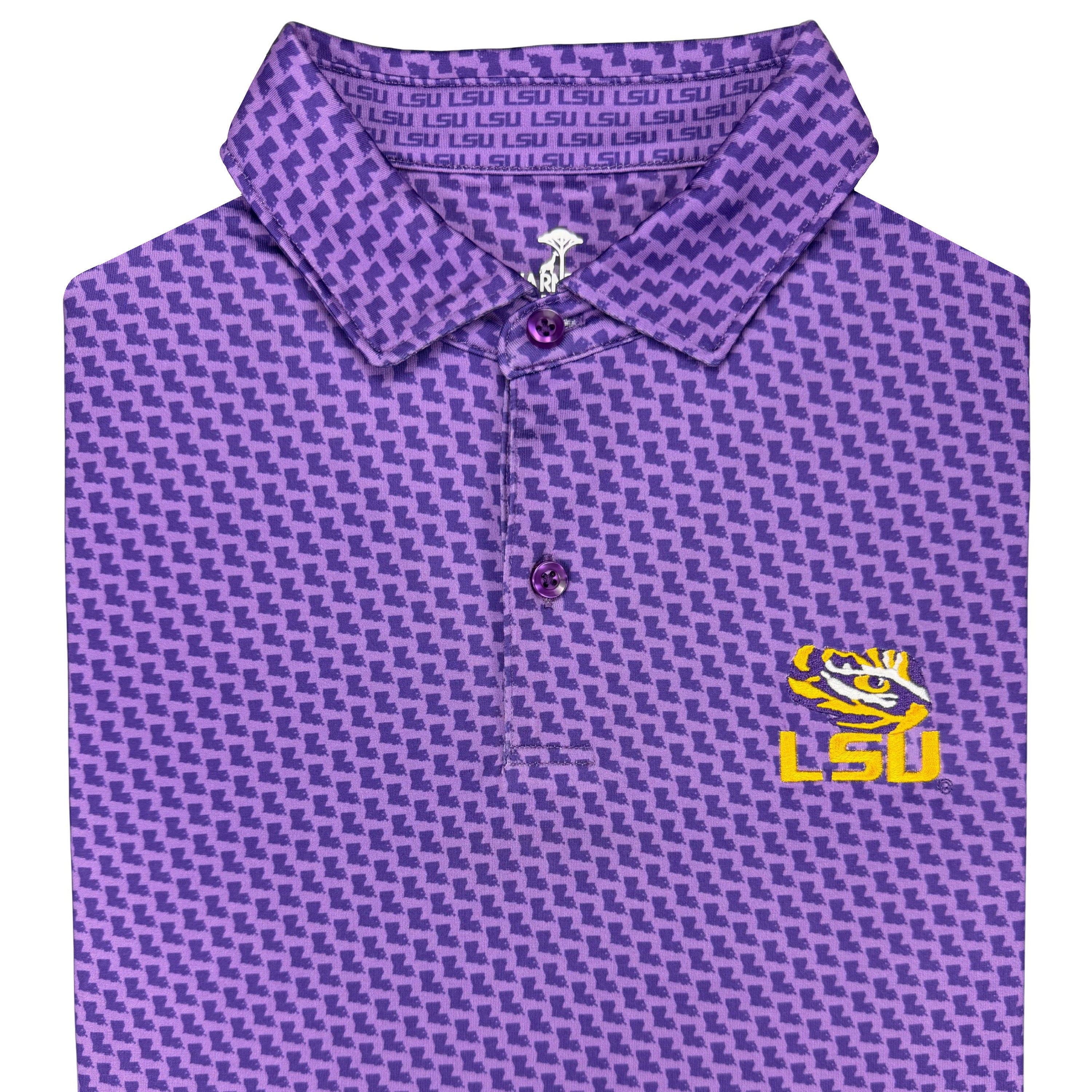 Purple patterned polo shirt with LSU logo on a white background