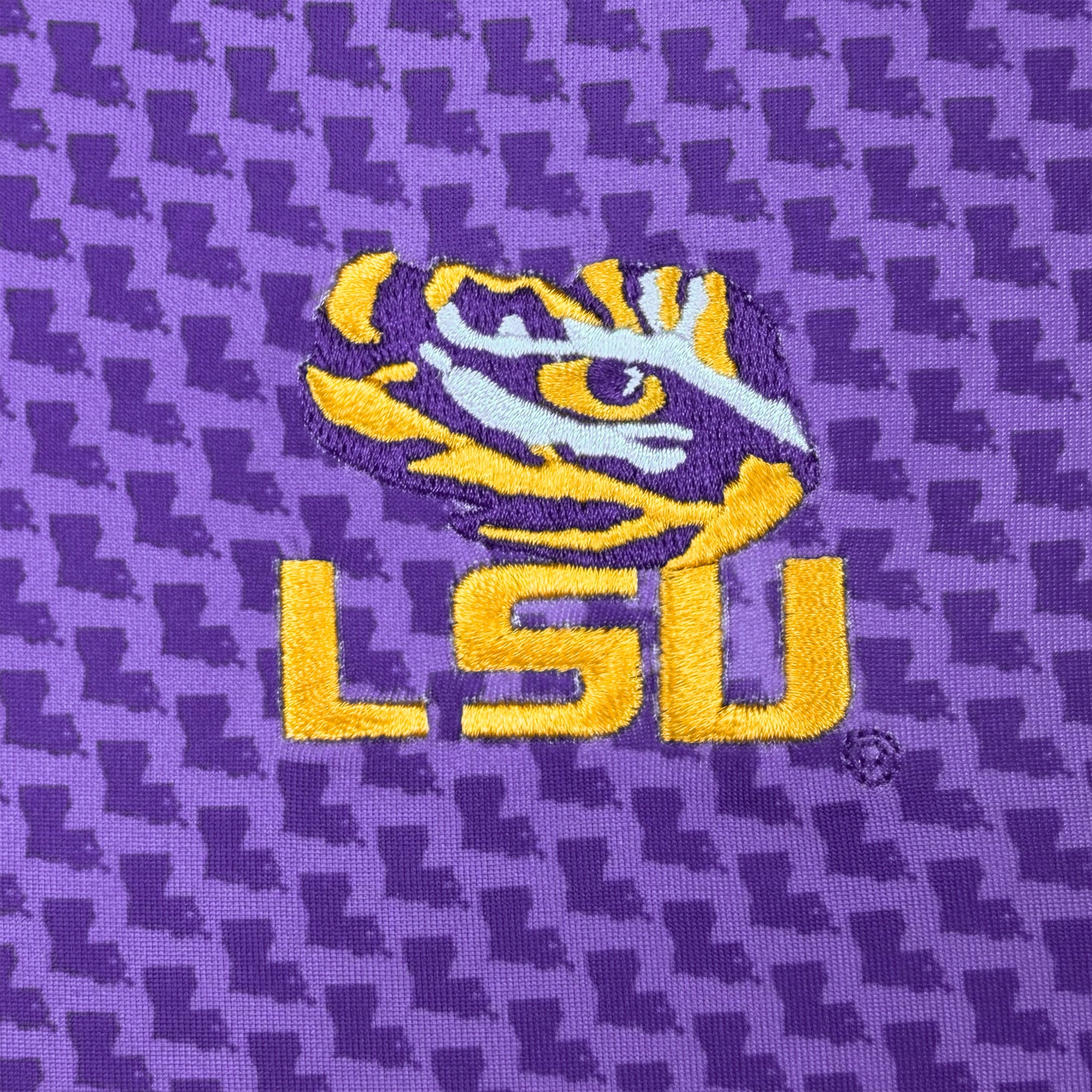 LSU logo on a purple background with state pattern
