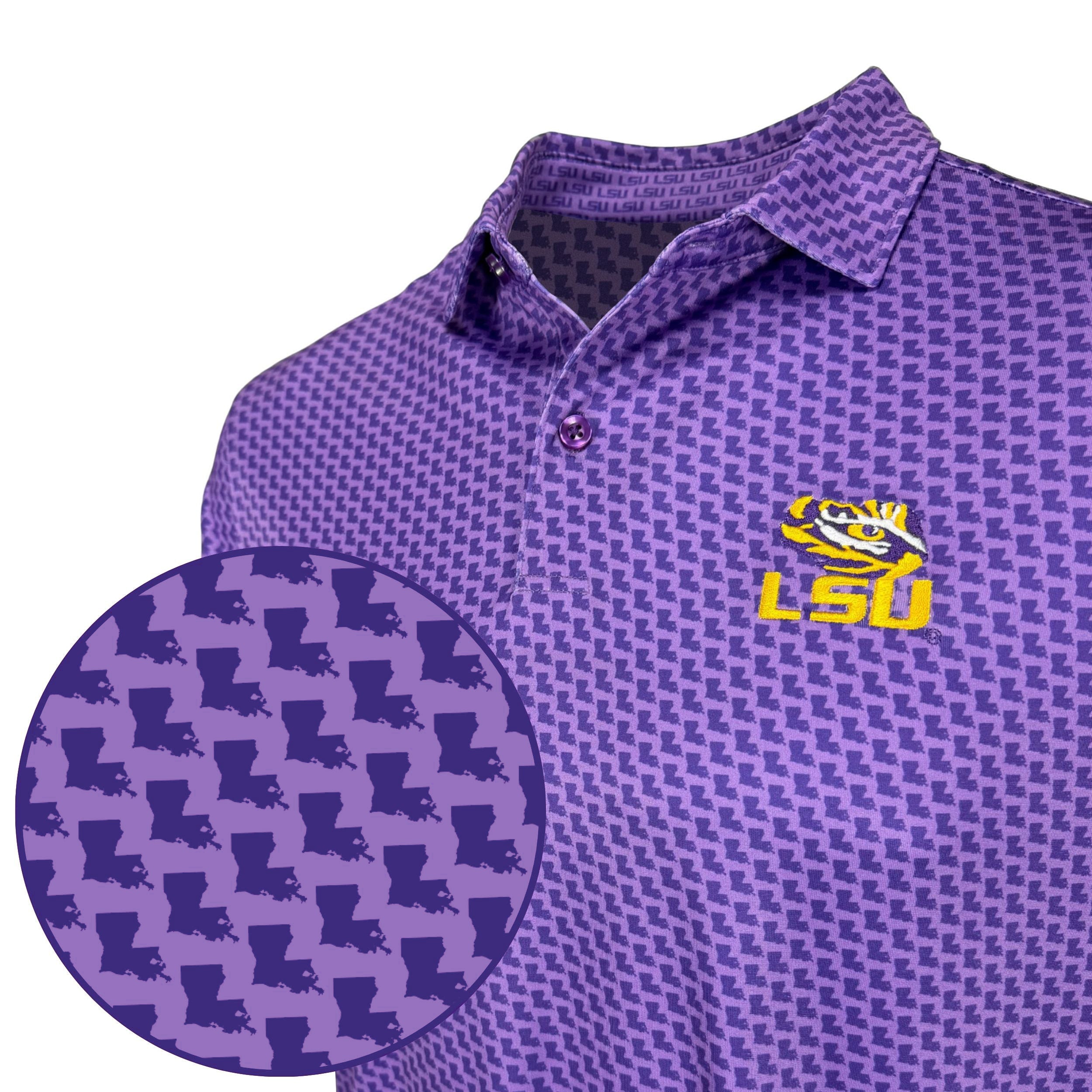 Purple patterned polo shirt with LSU logo on a white background