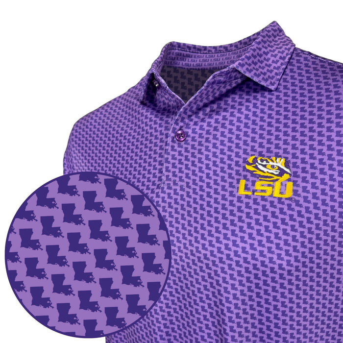 Purple patterned polo shirt with LSU logo on a white background