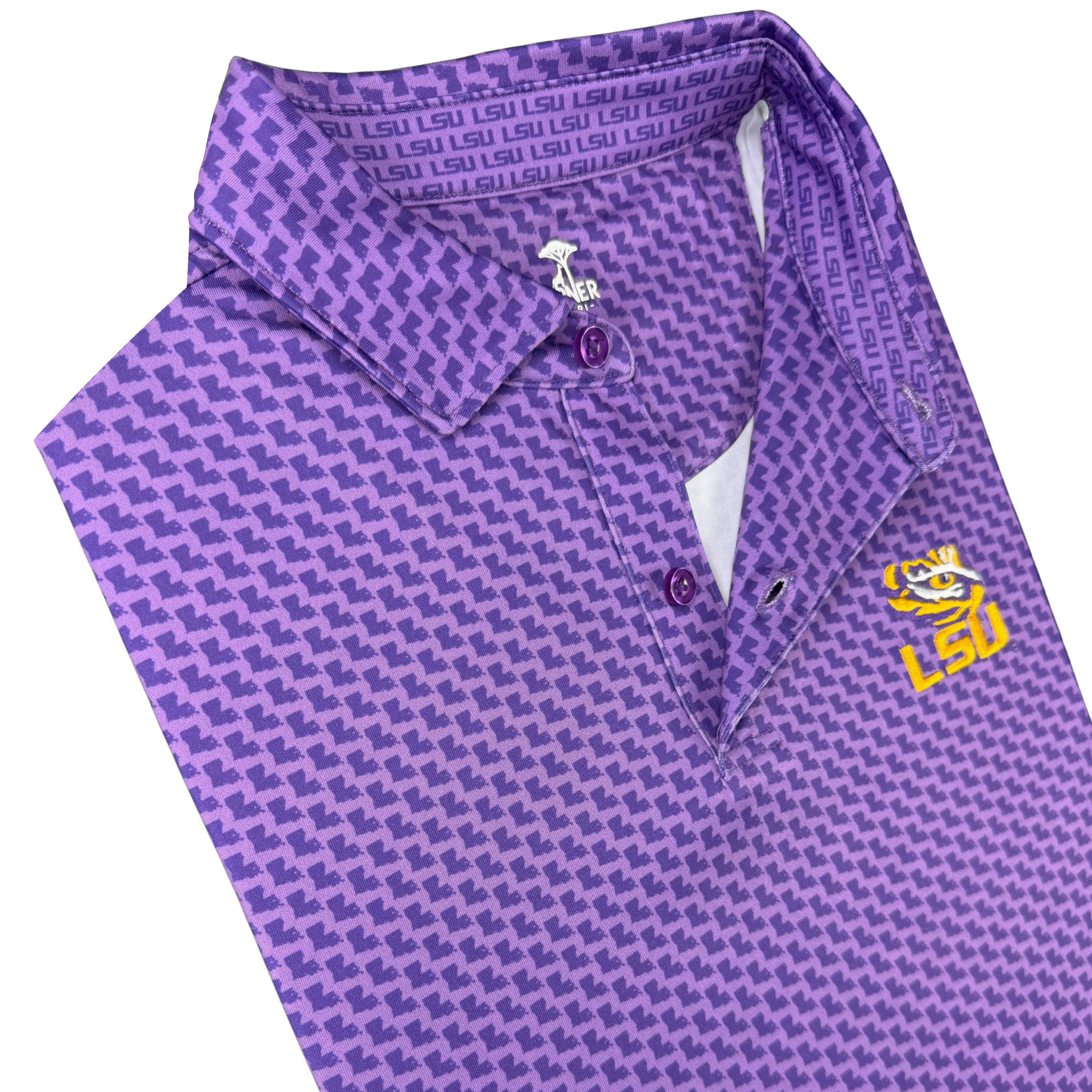 Purple polo shirt with a pattern and logo on a white background