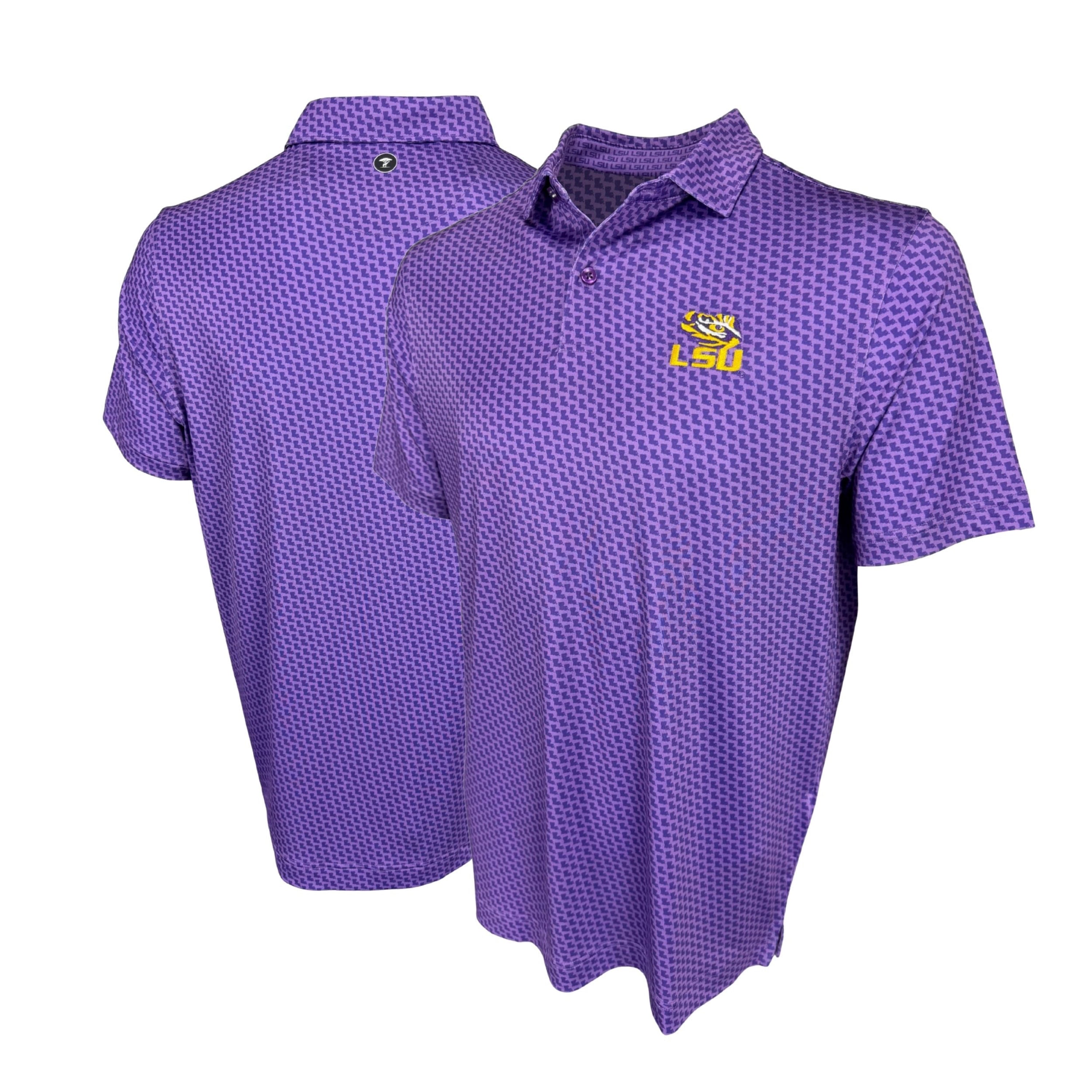 Purple polo shirt with a logo on a white background