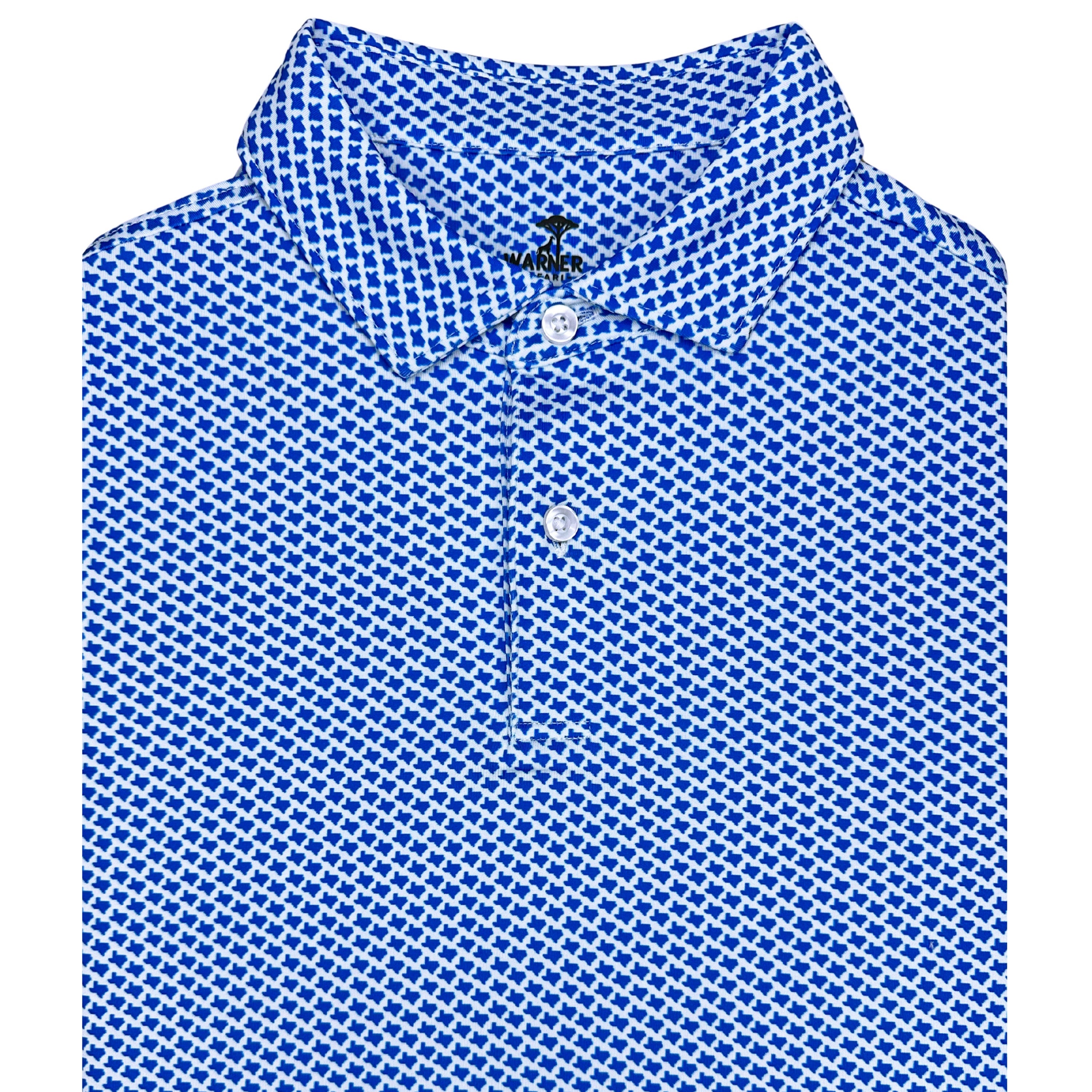 A blue polo shirt with a geometric pattern of white stars on a blue background, featuring a classic collar and short sleeves.