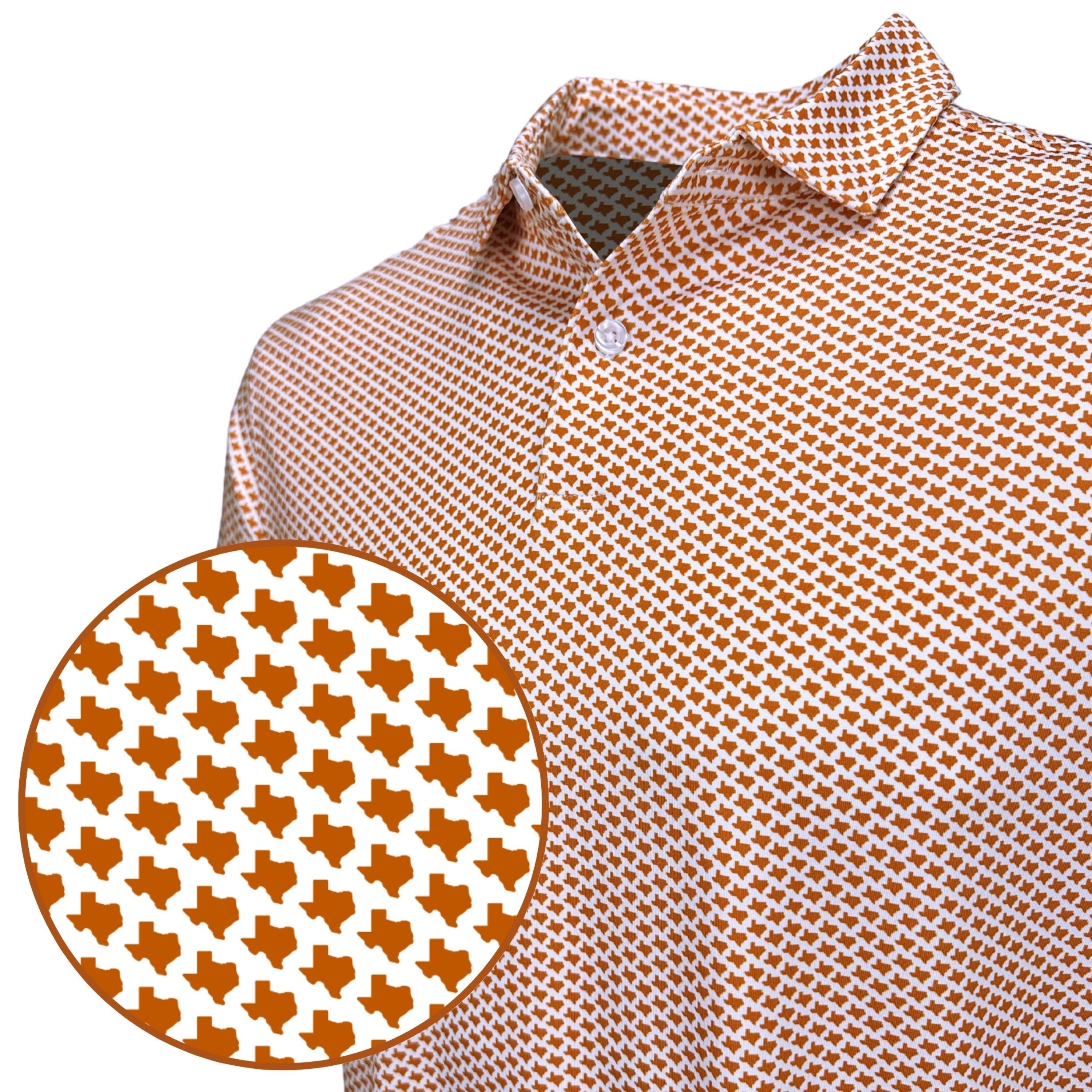 Close-up of a patterned shirt with a Texas flag design on a white background