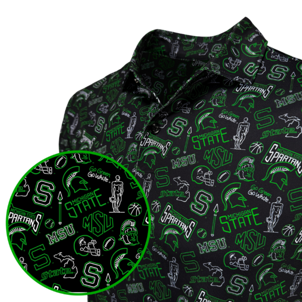 A close-up of a black collared shirt with an all-over Michigan State Spartans graphic print in green and white. A circular inset on the bottom left highlights the pattern detail.