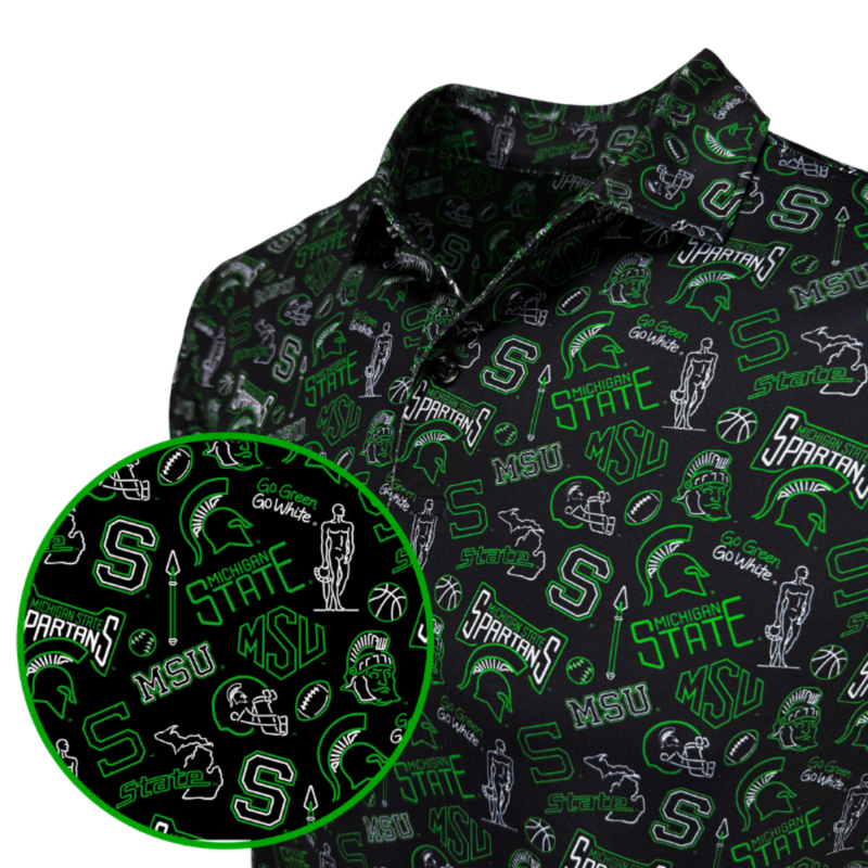 A close-up of a black collared shirt with an all-over Michigan State Spartans graphic print in green and white. A circular inset on the bottom left highlights the pattern detail.