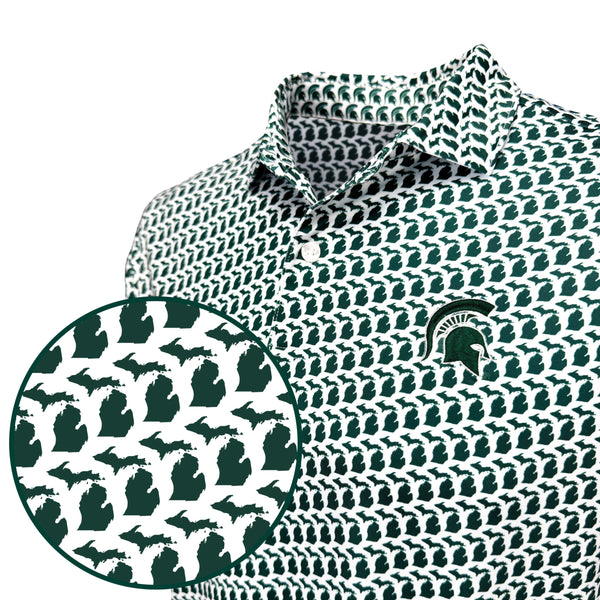 Patterned shirt with a logo, close-up of pattern on the left.