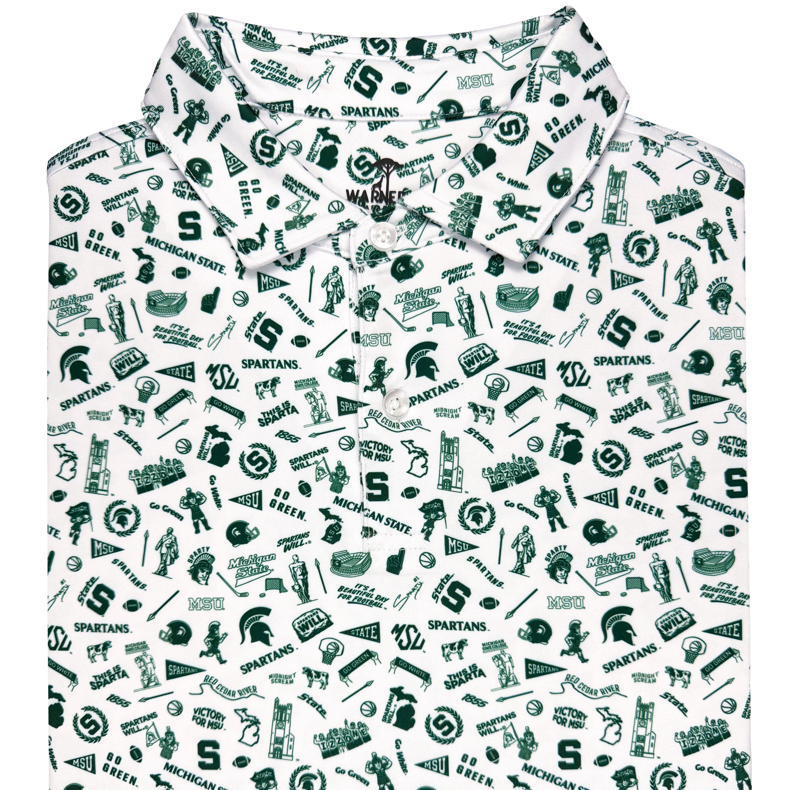 Polo with green and white pattern of Spartans logos and graphics on a white background