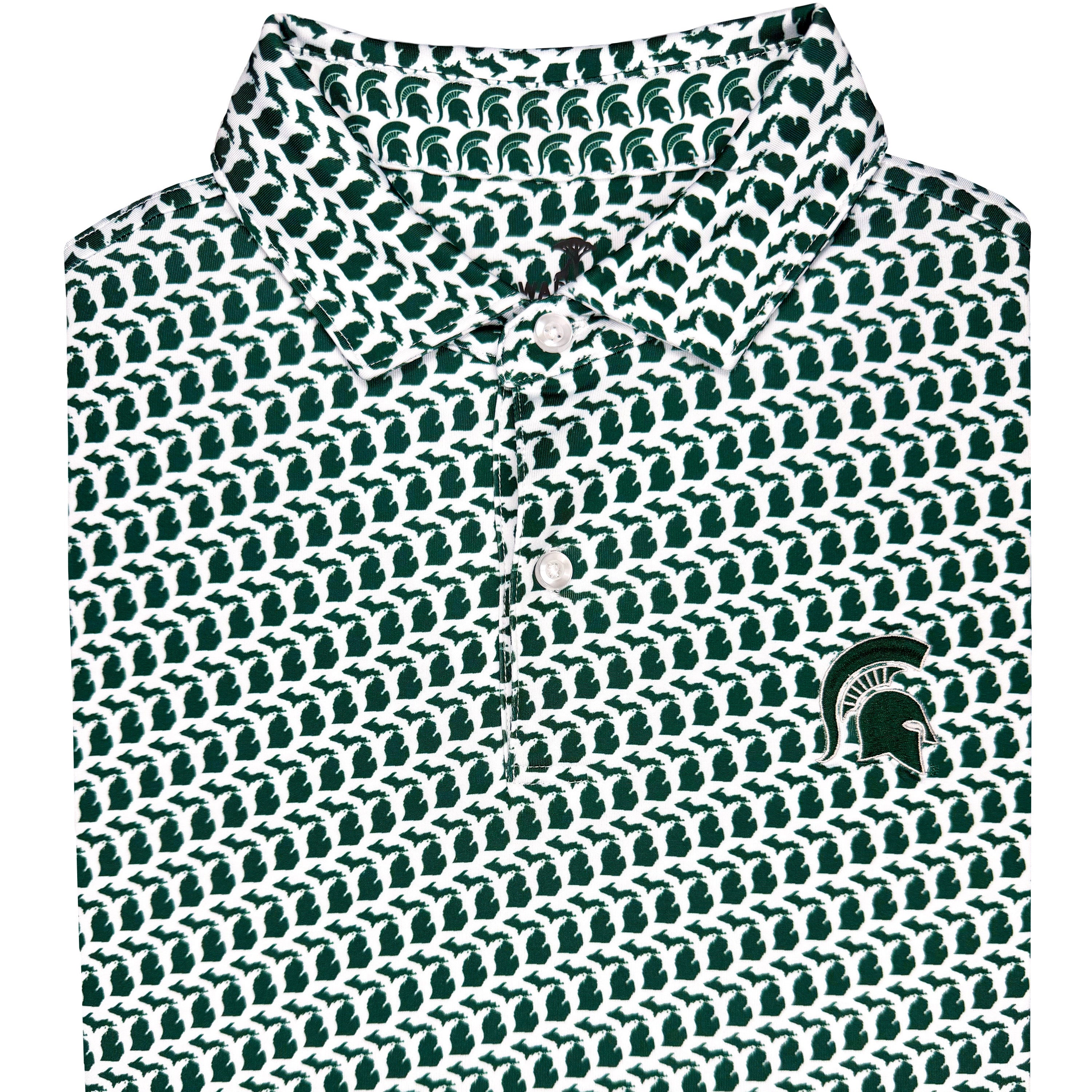 Green and white patterned shirt with a logo on a white background