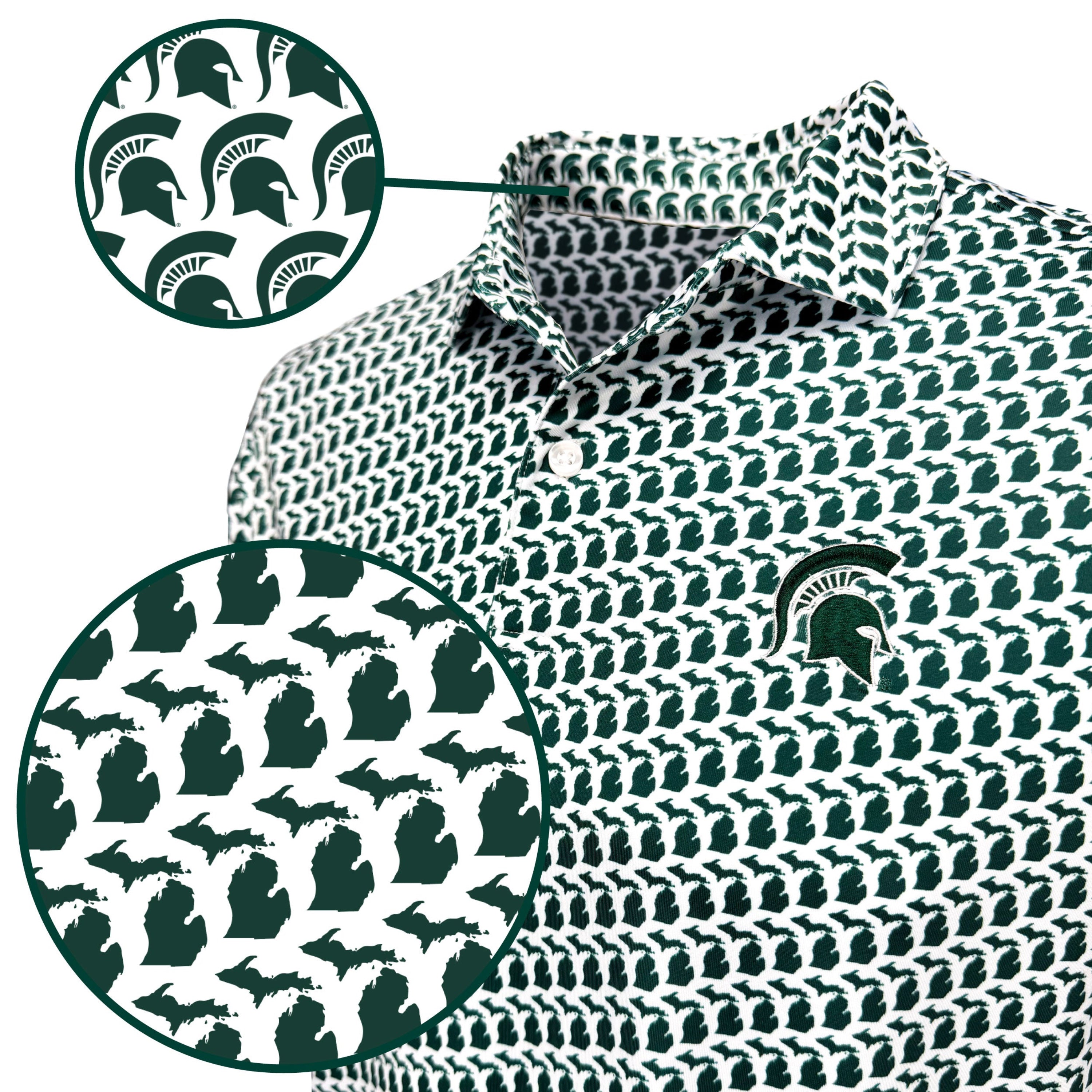 A close-up of a collared shirt with an allover Michigan state silhouette pattern in dark green and white.